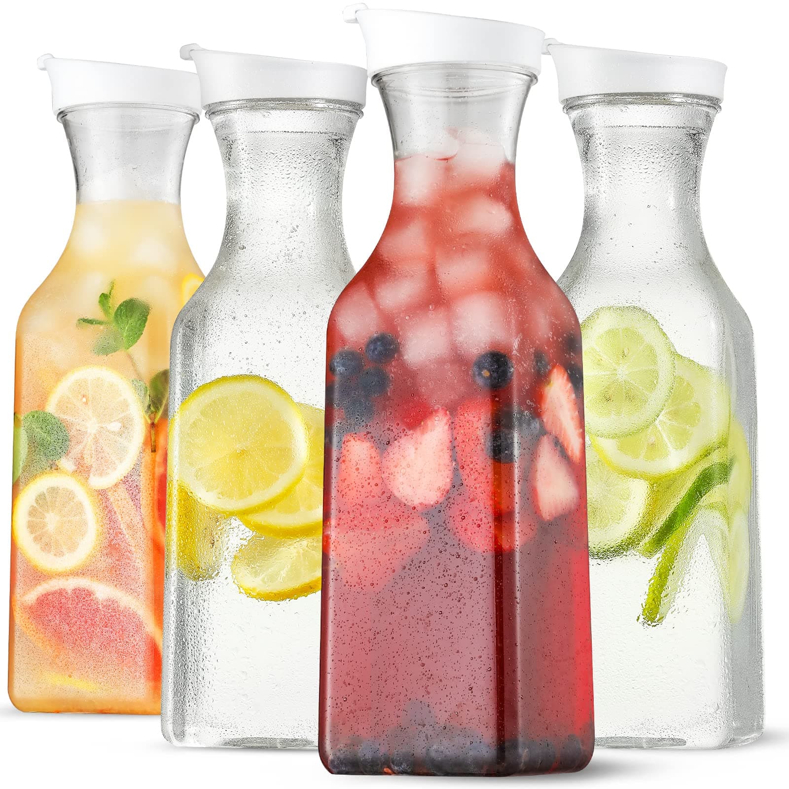 Plastic 4 Pack Large 50 Oz Water Carafe with Flip Top Lid, Square Base Juice Containers, Clear Plastic Pitcher - for Water, Iced Tea, Juice, Lemonade, Milk, Cold Brew and Mimosa Bar - HAND WASH ONLY