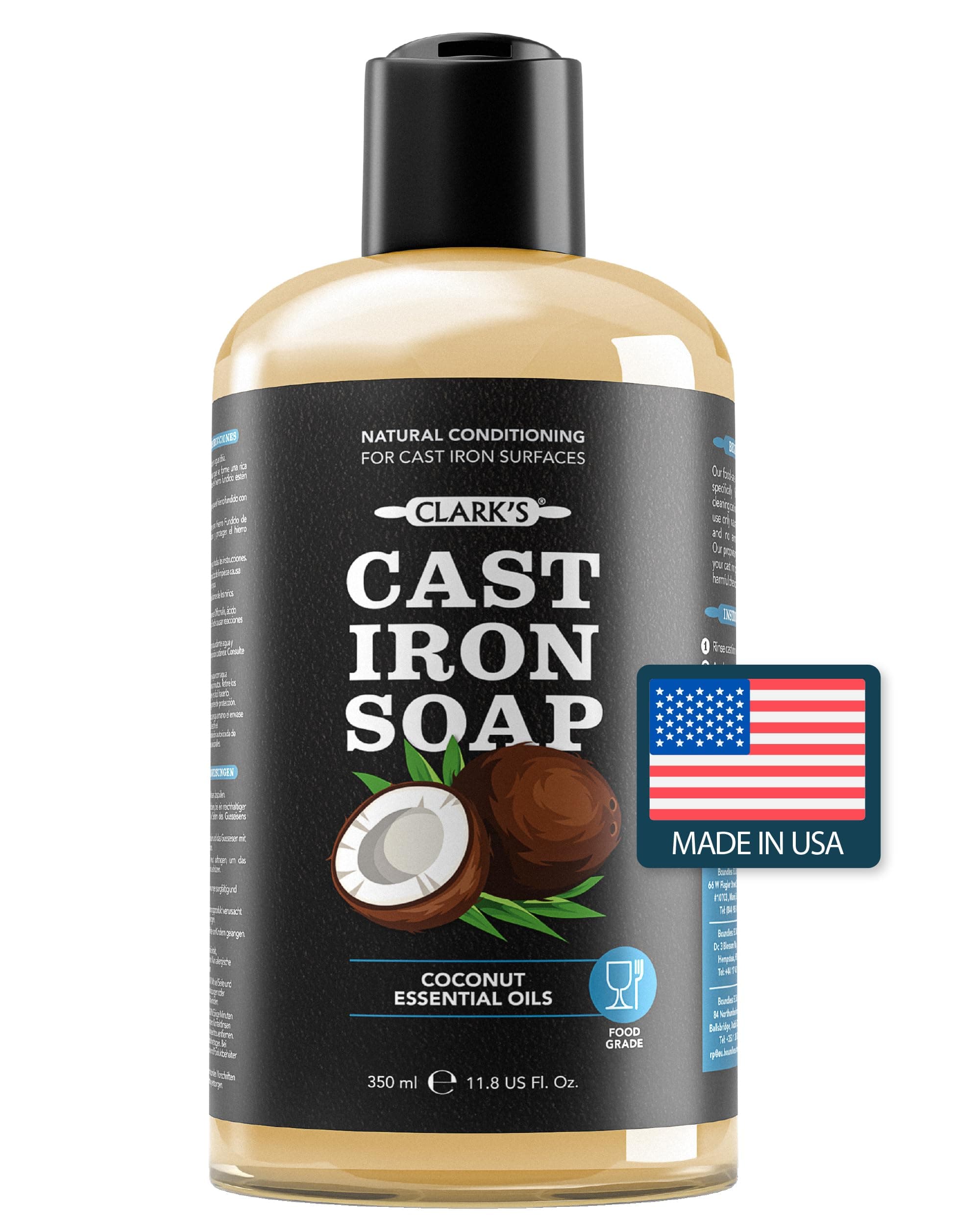 Cast Iron Soap (355ml) by CLARK'S - 100% Plant Based Castile & Coconut Soap - Vegan Friendly - No Detergents, Parabens, or Synthetic Foaming agents - Specially Formulated for Cast Iron Cookware