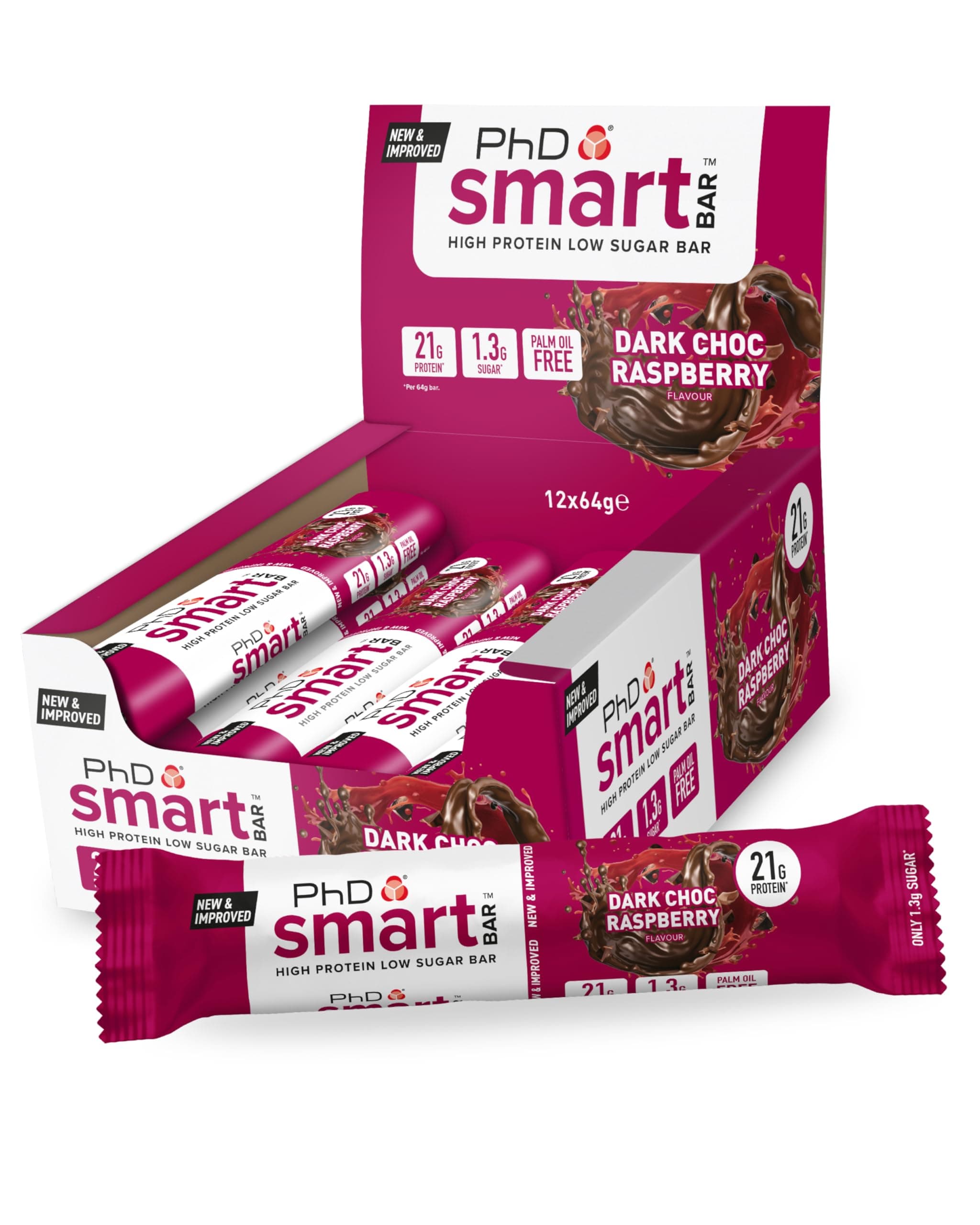PhD Smart Hight Protein Bar Low Sugar, Nutritional Protein Bars/Protein Snacks, Chocolate Raspberry Flavour, 20g of Protein, 64g Bar (12 Pack)