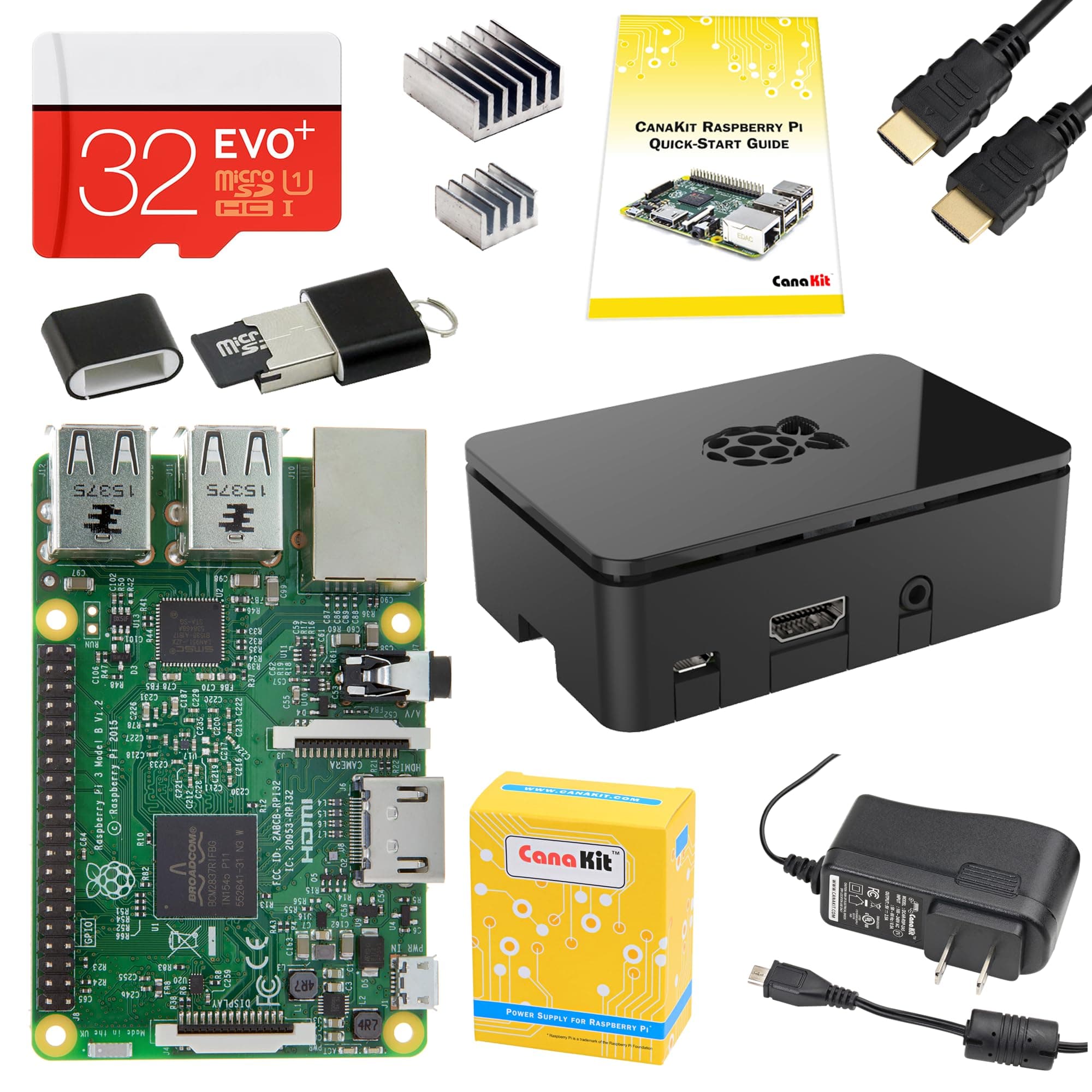 Raspberry Pi 3 Complete Starter Kit - Quad-Core 1.2 GHz 1 GB RAM, WiFi & Bluetooth, 32 GB EVO+ Micro SD Card, Power Supply, Case, HDMI Cable, Heat Sinks, GPIO Card, Quick-Start Guide