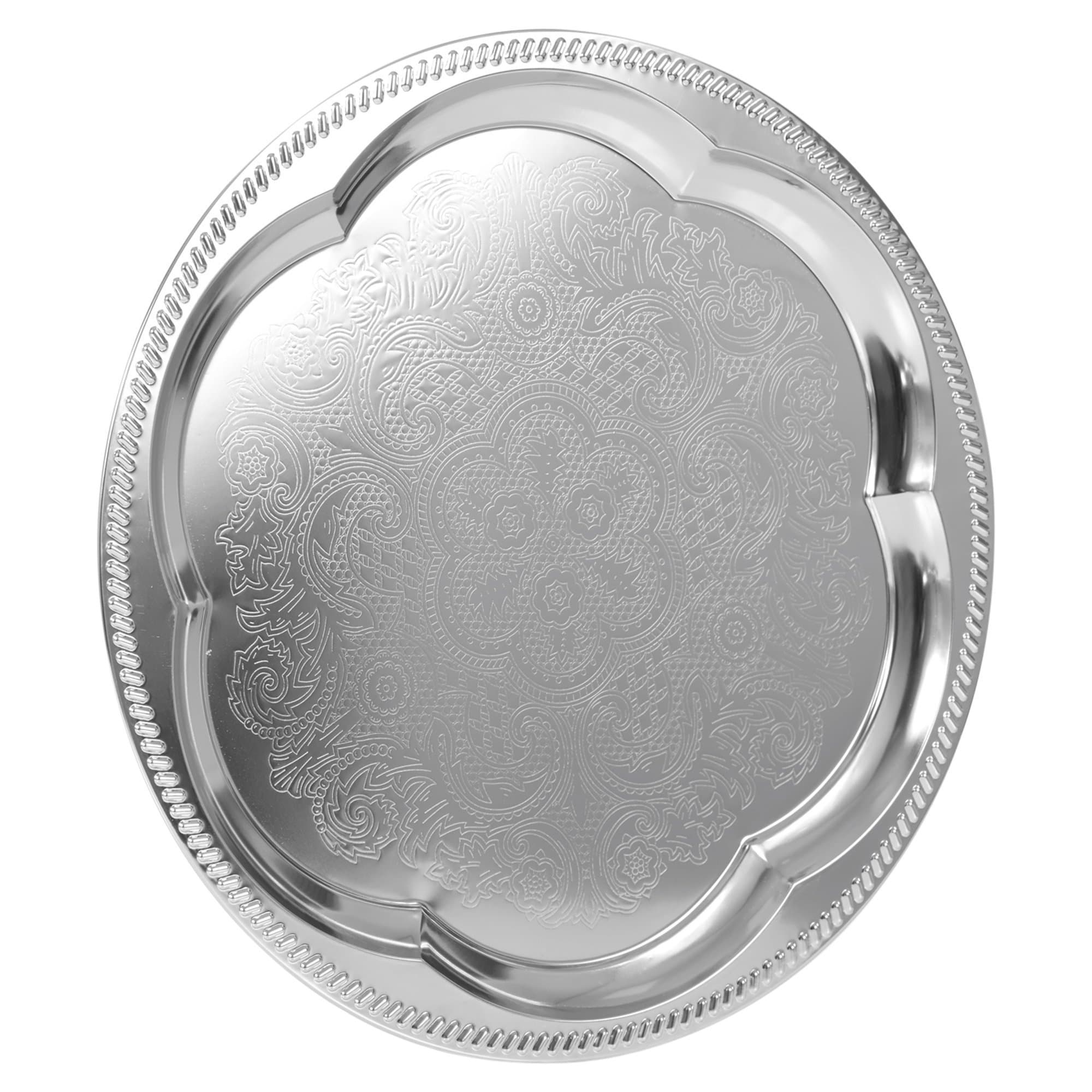 EasyDish Silver Effect Polished Round Serving Tray Dinner Platter Tableware Drinks Tea Metal Dinner Dish Plate Plain Embossed