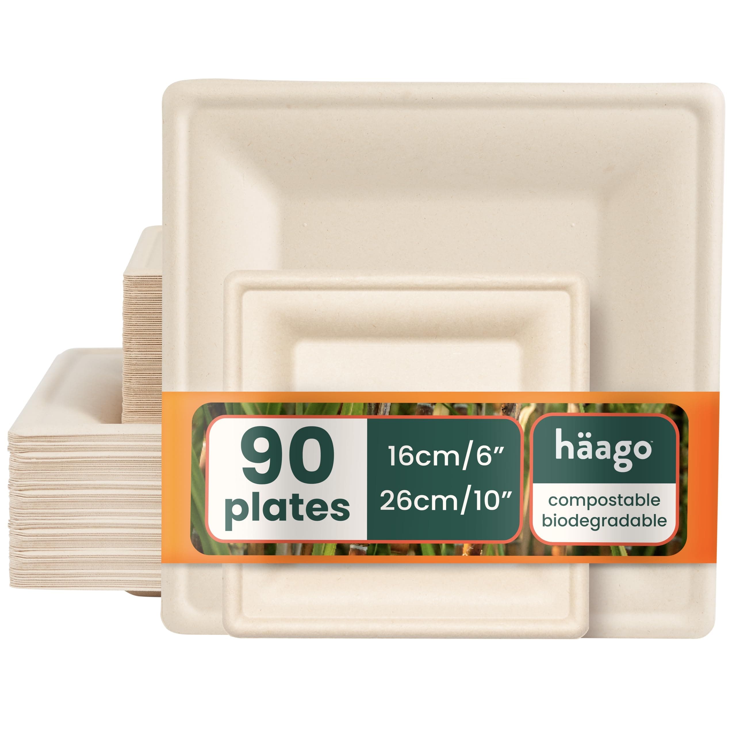 HAAGO 90 Strong Compostable Sugarcane Plates, 45 × 26 cm Square Dinner & 45 × 15 cm Dessert – Heavy Duty, Grease- & Leak-Proof Paper Plates – Biodegradable & Disposable for Parties, BBQ, Catering