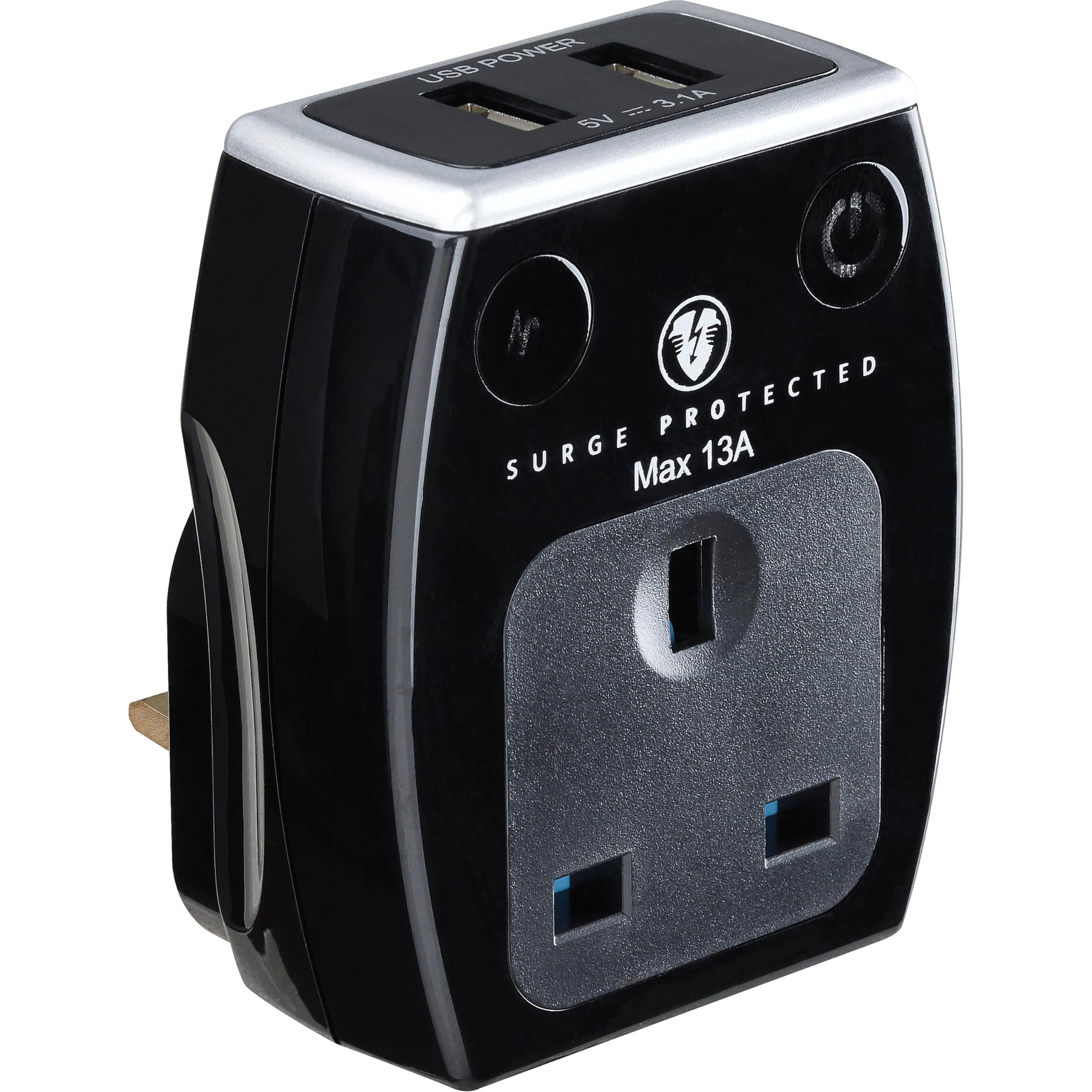 Masterplug Single Socket Surge Protected Power Adaptor with Two USB Charging Points, Polished Black