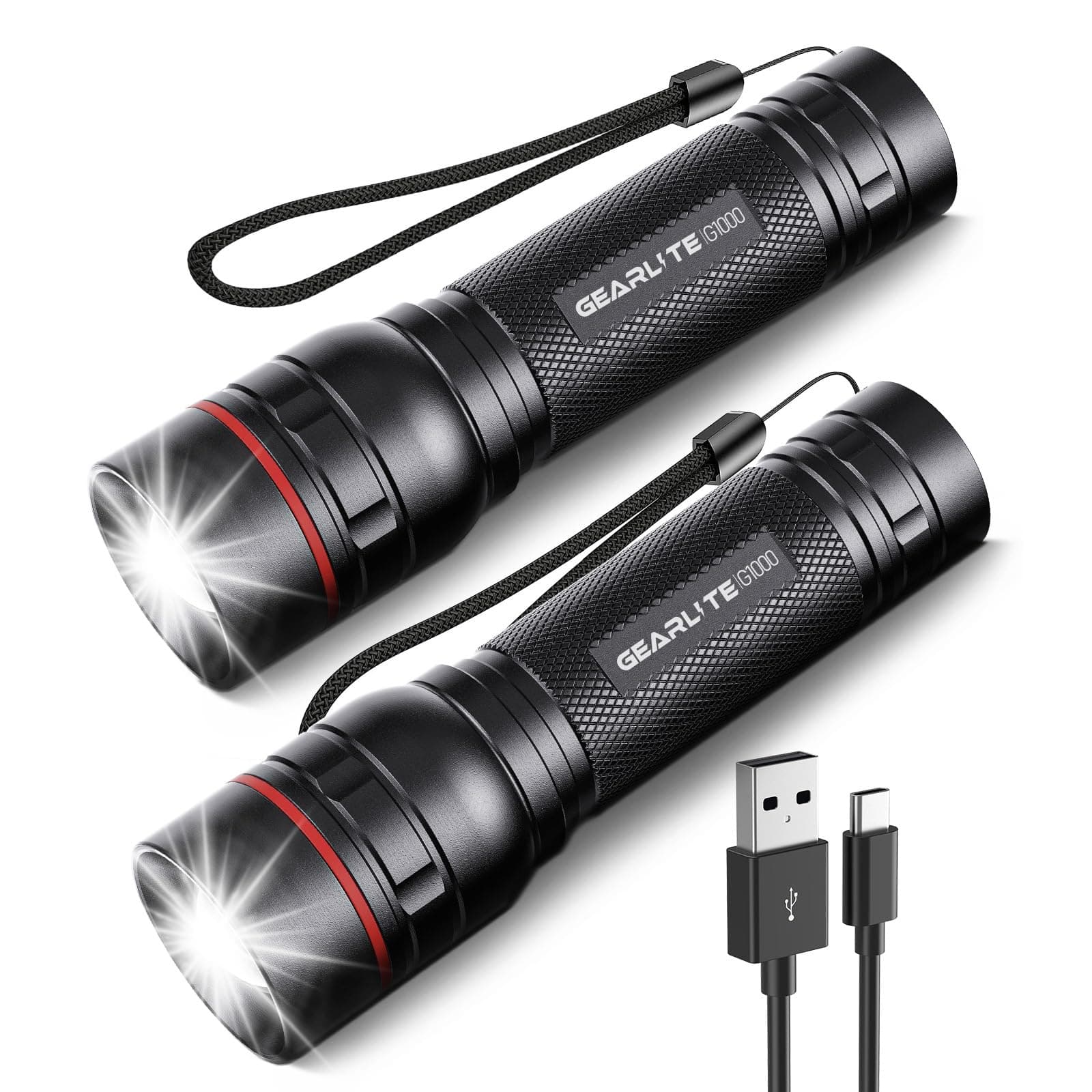 LED Torch Rechargeable, 2 Pack 2000LM Super Bright Adjustable Focus Flashlight, 3 Lighting Modes, Long Battery Life, Waterproof Pocket Size Torch for Power Cuts, Emergency
