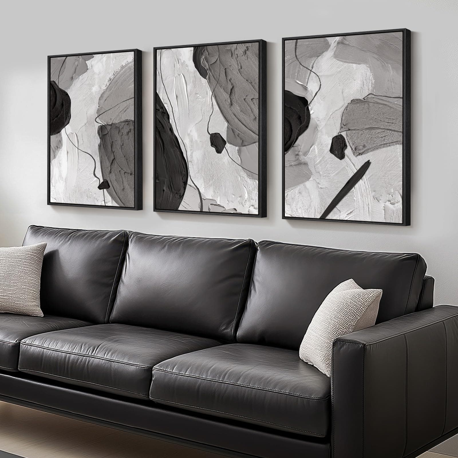 Large Framed Black and White Gray Abstract Wall Art, Set of 3 Piece Modern Canvas Prints Paintings Artwork for Walls, Minimalist Pictures for Living Room Bedroom Dining Room Hallway Wall Decor 20x30 In