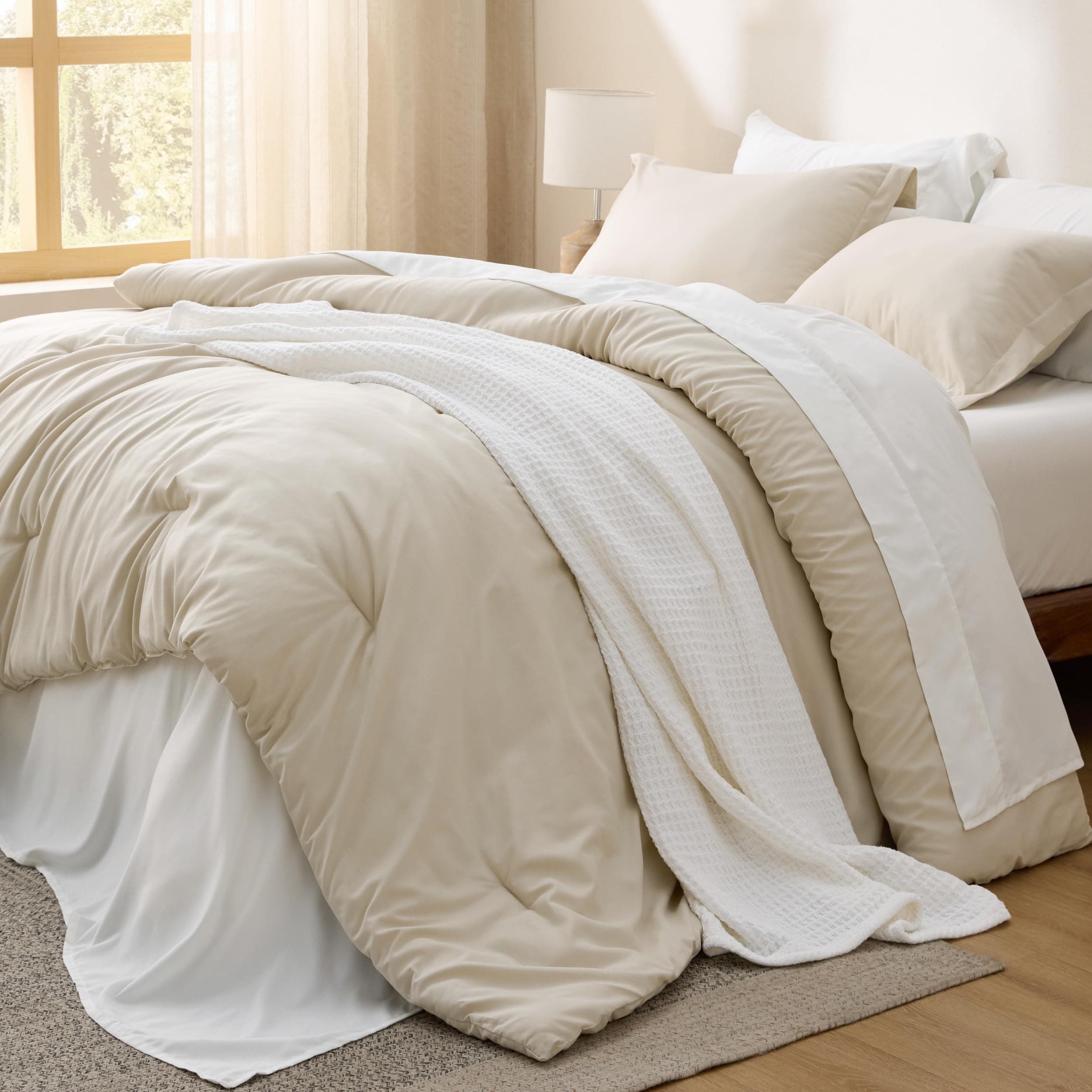 Bedsure Full Size Comforter Set - 7 Pieces Beige Full Bedding Set for All Seasons, Boho Contrasting Design Bed in a Bag with Comforter, Sheets, Pillowcases & Shams