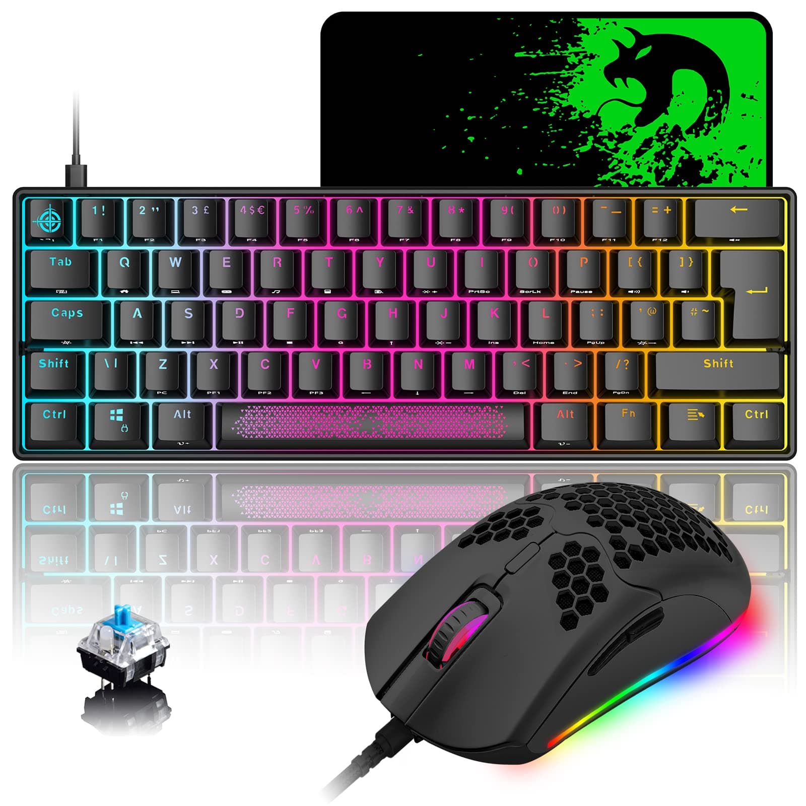 Mechanical Mini RGB Gaming Keyboard and Mouse Combo with Compact 62Key Layout Rainbow Backlight Anti-ghosting 6400DPI Honeycomb Mice Type-C Wired for PC Mac Gamer Laptop Typists DIY(Black/Blue Switch)