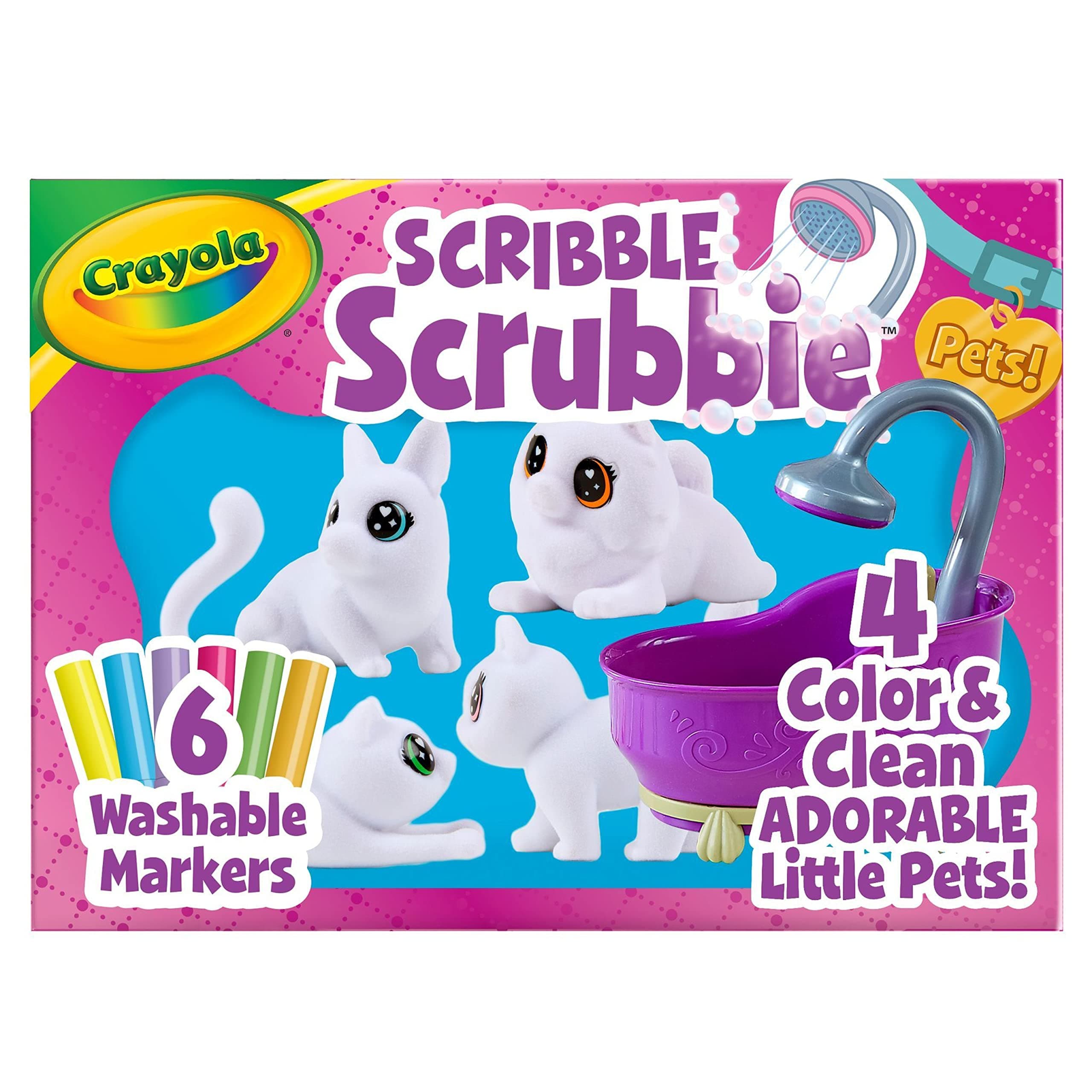 Crayola Scribble Scrubbies Glam Pack (4 Pets), Washable Pet Care Toy & Coloring Animal Craft Kit, Gift for Kids, Playset for Girls & Boys, Ages 3+