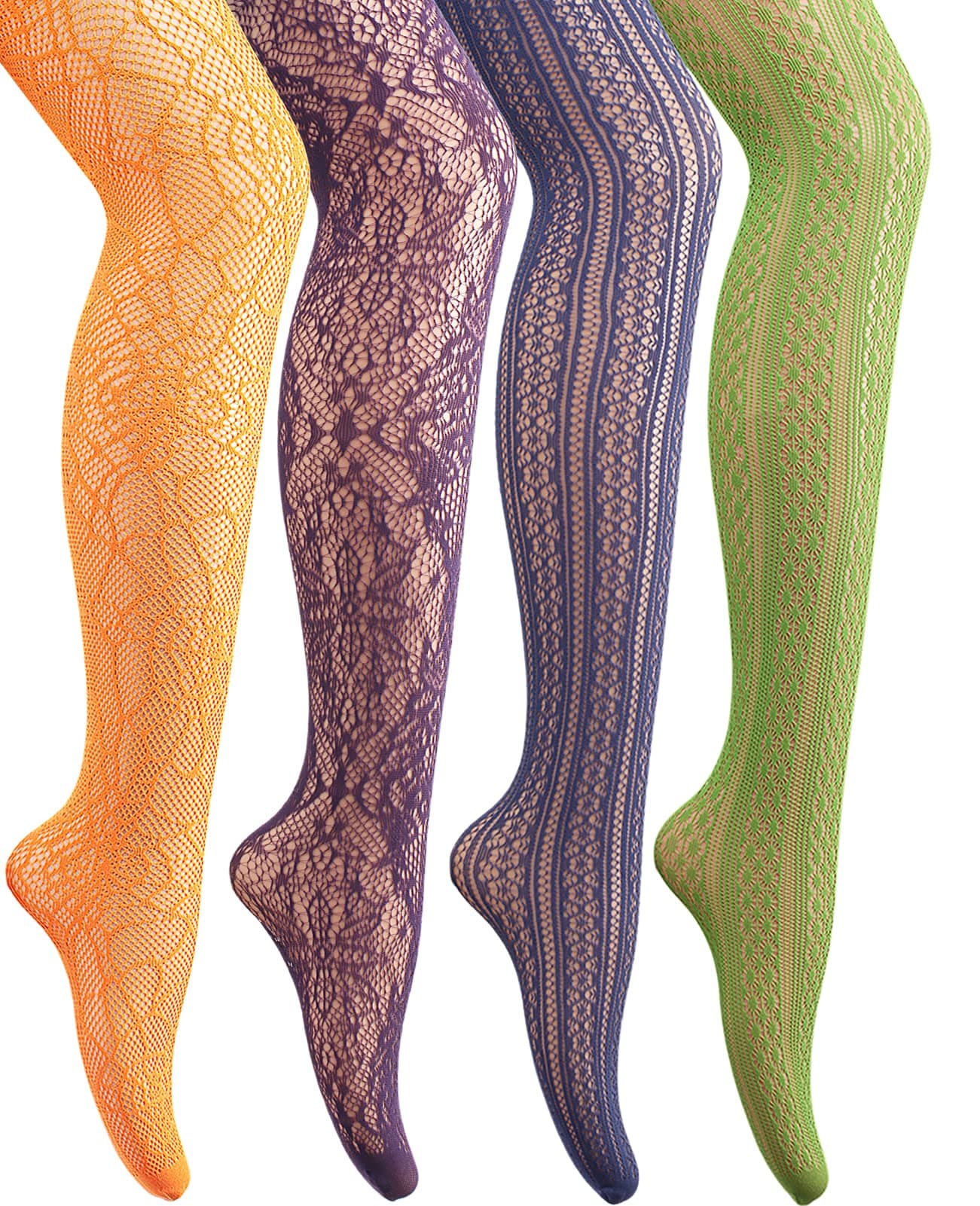 4 Pack Women's Patterned Fishnets, Orange,Green,Purple,Blue Fishnet Tights, Colored Fish Net Stockings Pantyhose