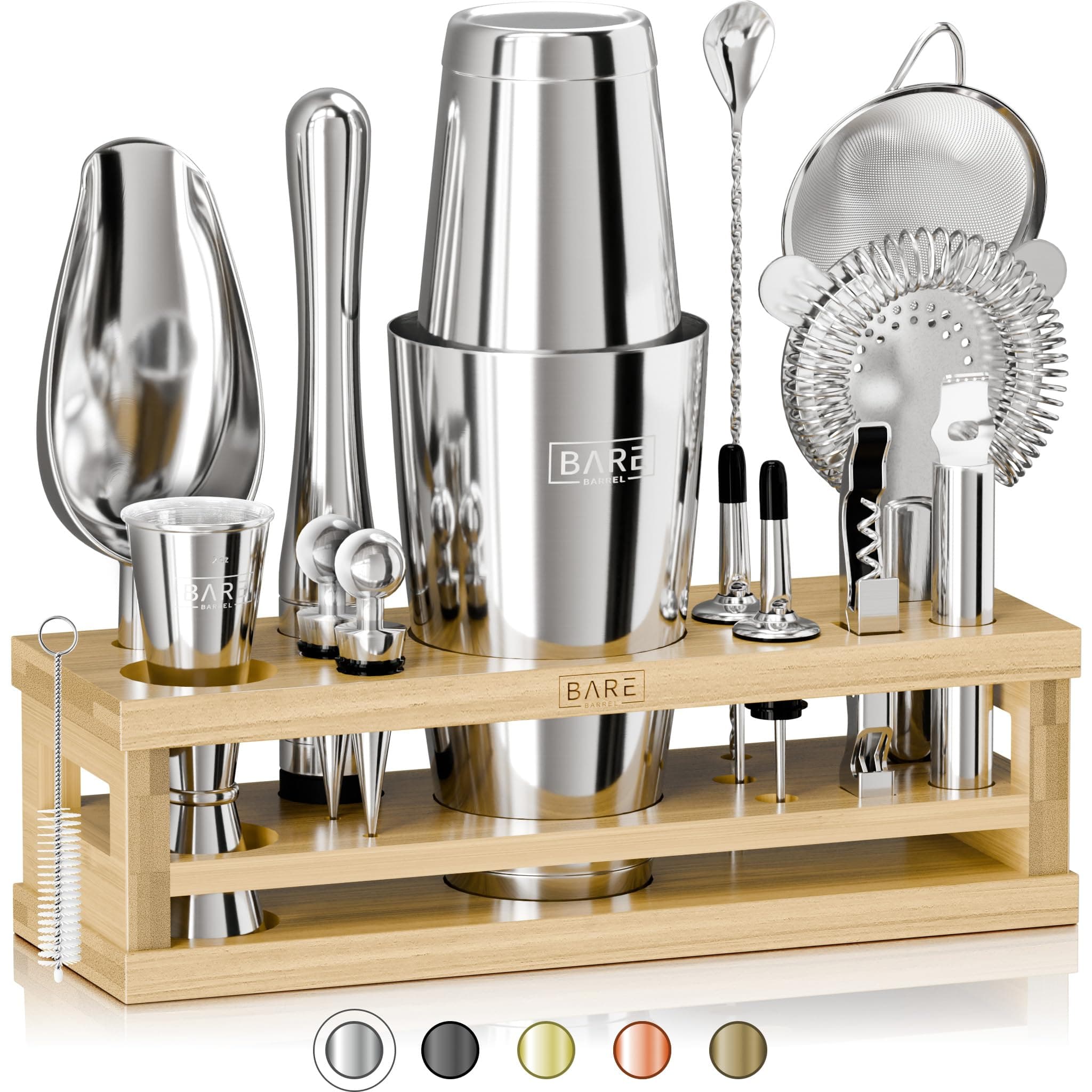– BARE BARREL® Cocktail Making Kit | 16-Piece Bartender Kit Cocktail Shaker Set Maker | Bamboo Display Stand & 35 Recipe Cards | Mixology Cocktail Gift Set (800ml/28oz Boston Shaker, Silver/Natural)