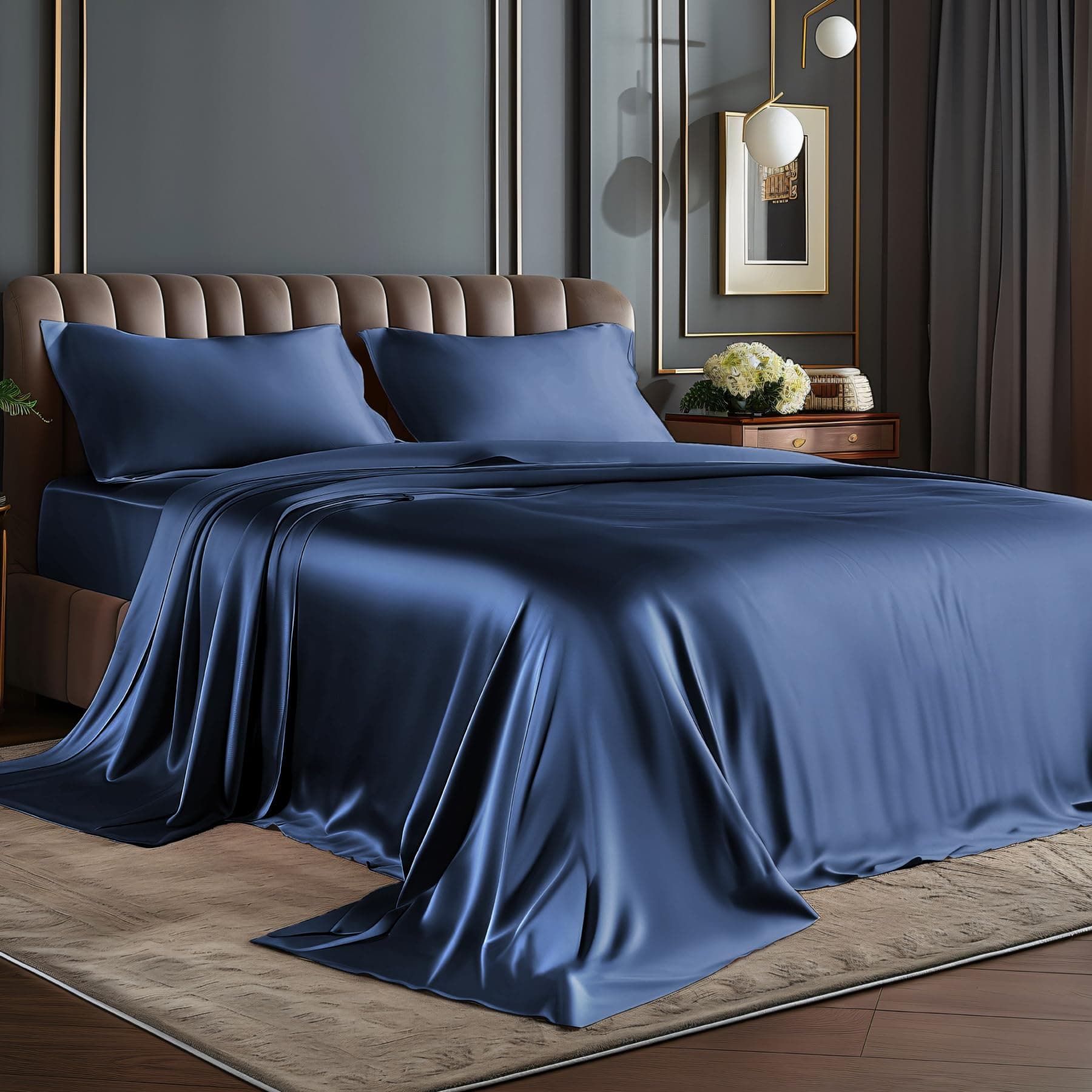 BEDELITE Satin Sheets Queen Size Bed Set, Luxury Soft Navy Silky Sheets for Hair and Skin, Similar to Silk Bed Sheets Set 4 Pieces （1 Deep Pocket Fitted Sheet, 1 Flat Sheet, and 2 Pillowcases）
