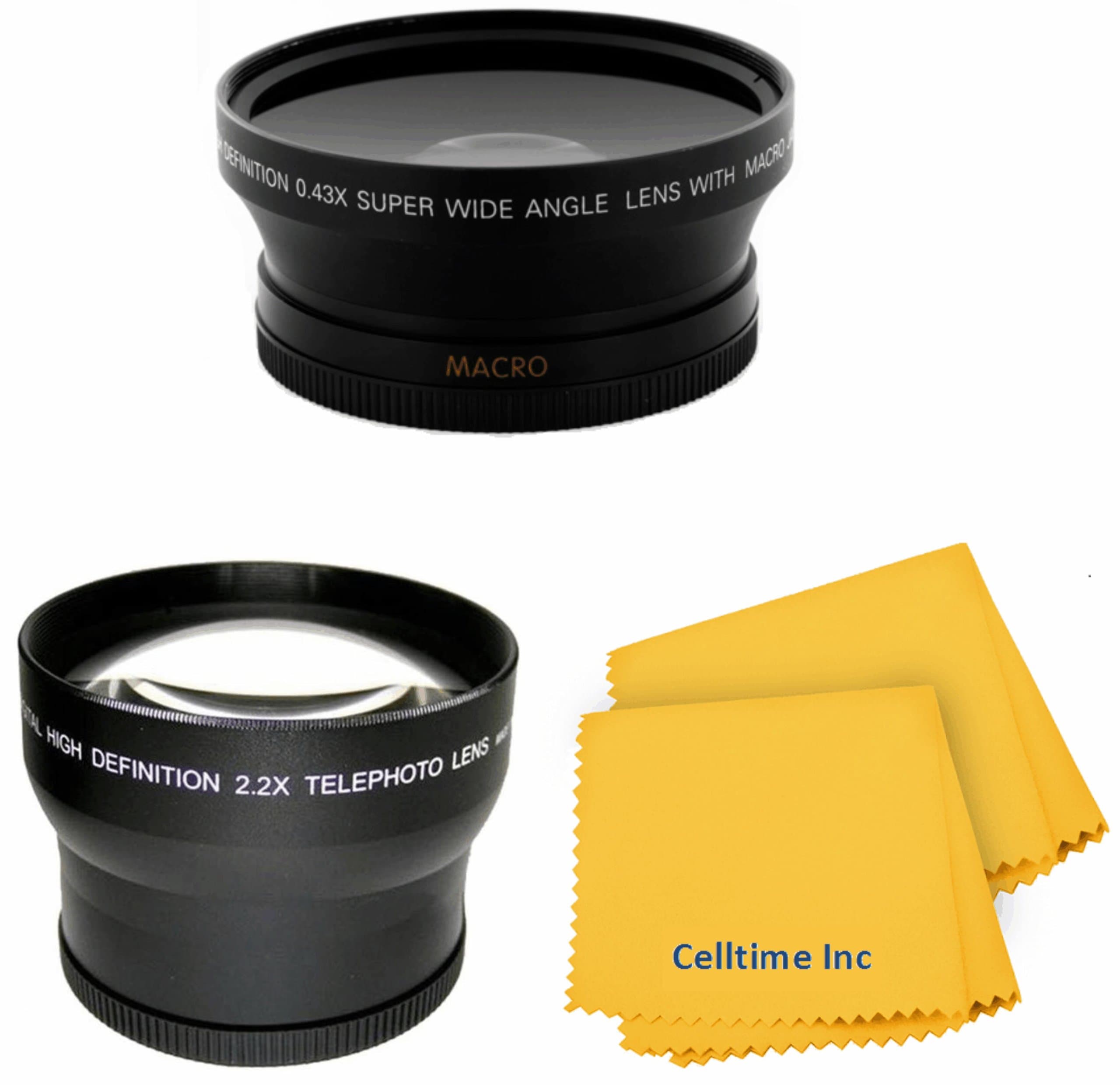 58MM 0.43X Wide Angle (w/ Macro Portion) and 2.2X Telephoto High Definition Lenses for CANON Rebel (T5i T4i T3i T3 T2 T2i T1i XT XTi XSi XS SL1), CANON EOS (1100D 700D 650D 600D 550D 500D 450D 400D 350D 300D) + Adapter Rings Set + Premium Celltime Elite Cleaning Lens Cloth