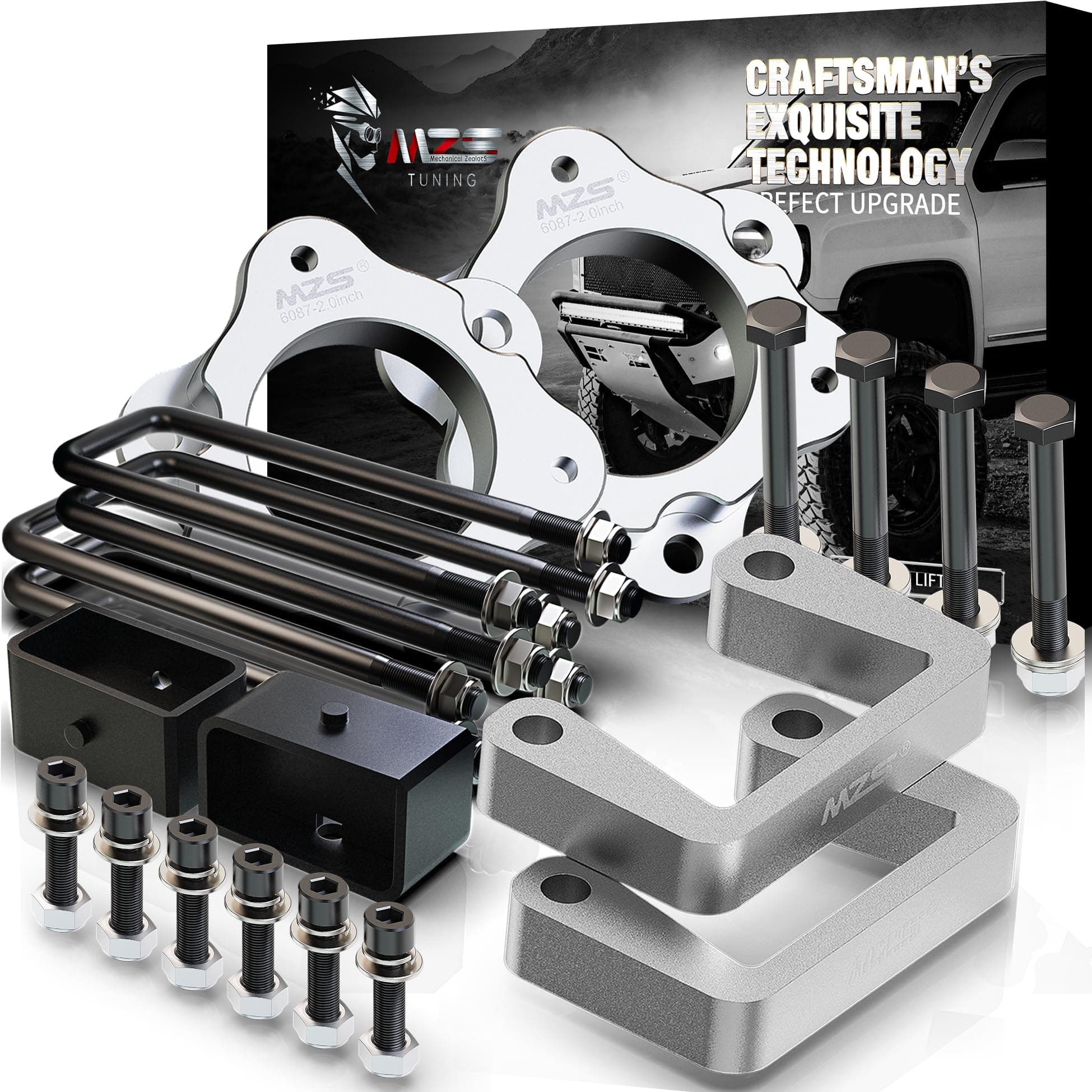 Leveling Kit, 3.5 Inch Front Strut Spacers + 2 Inch Rear Lift Blocks with Extended Square U Bolts Compatible with 2007-2026 Silverado 1500/Sierra 1500 2WD 4WD