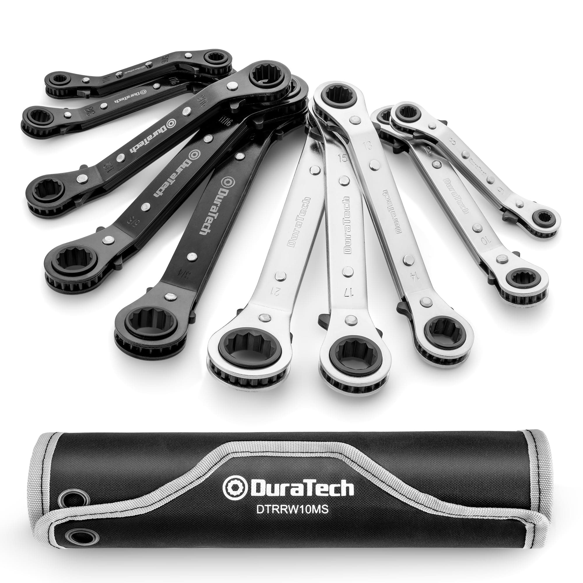10-Piece Reversible Ratcheting Wrench Set, Offset Double Box End Wrench Set, SAE & Metric, with Rolling Pouch