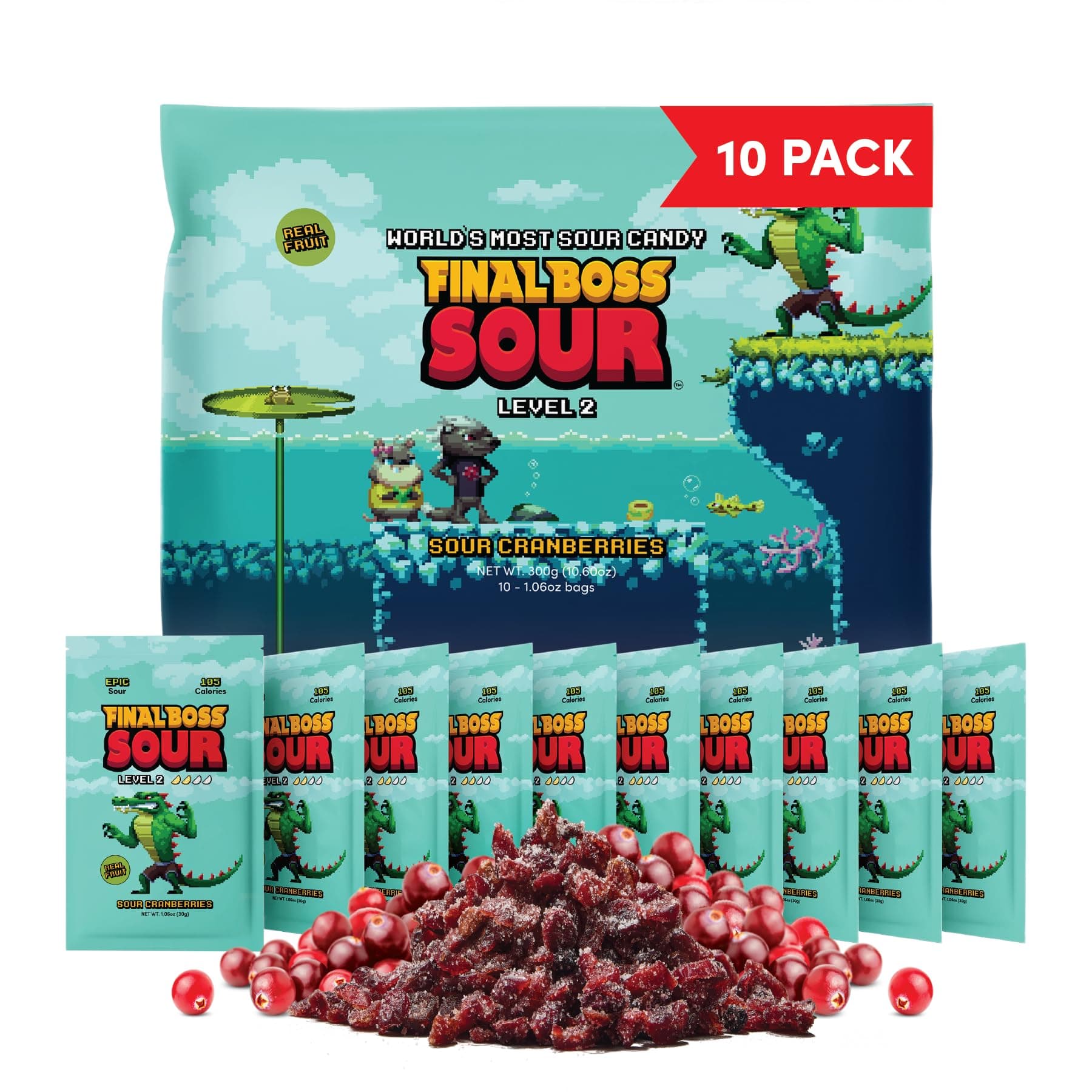 Final Boss Sour Candy, Sour Cranberries, 10 Pack, Level 2, Fruit Chews with Real Dried Fruit, No Artificial Colors or Flavors, Low Calorie Snack for Kids, Teens, Adults, Lunch Boxes