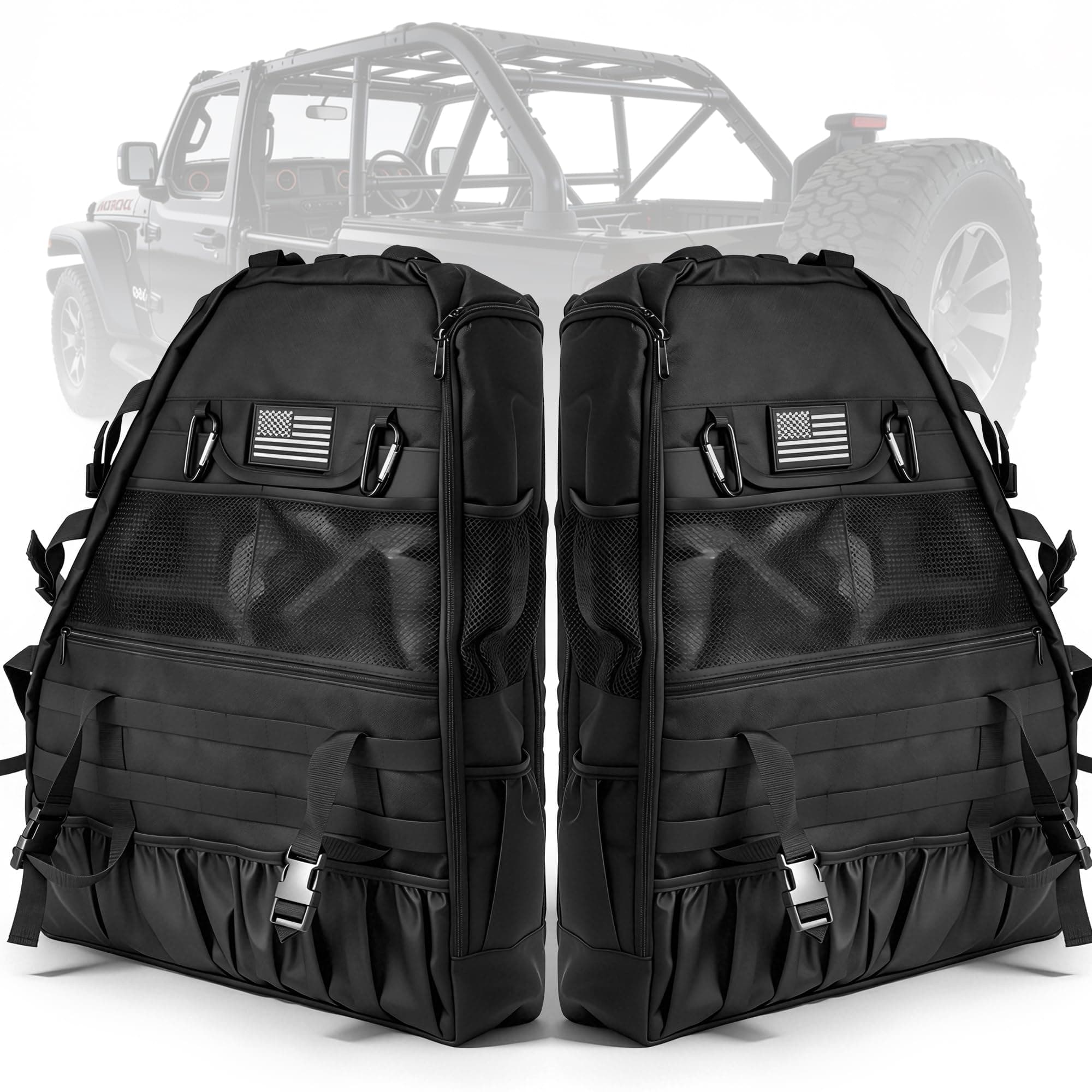 US Flag Roll Bar Storage Bag Multi-Pockets Organizers Saddlebag for Wrangler 1997-2023+ JK JL TJ 4-Door with Cargo Cage Tool Kit Holder Bags