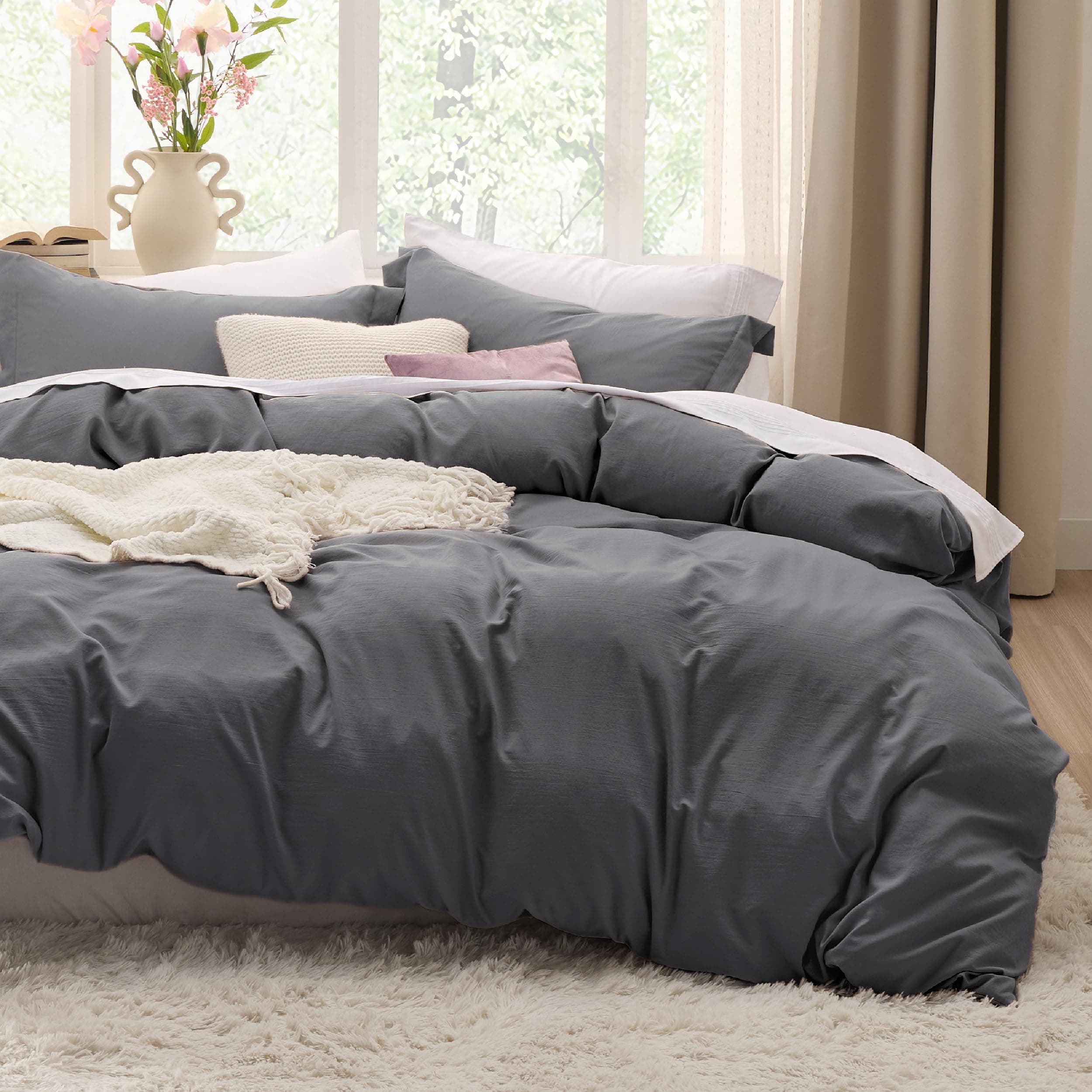 Dark Grey Duvet Cover Full Size - 3 Pieces Prewashed Extra Soft Cotton-Like Polyester Bedding Set, Includes 1 Duvet Cover 80x90 Inches with Zipper Closure & 2 Pillow Shams, No Comforter