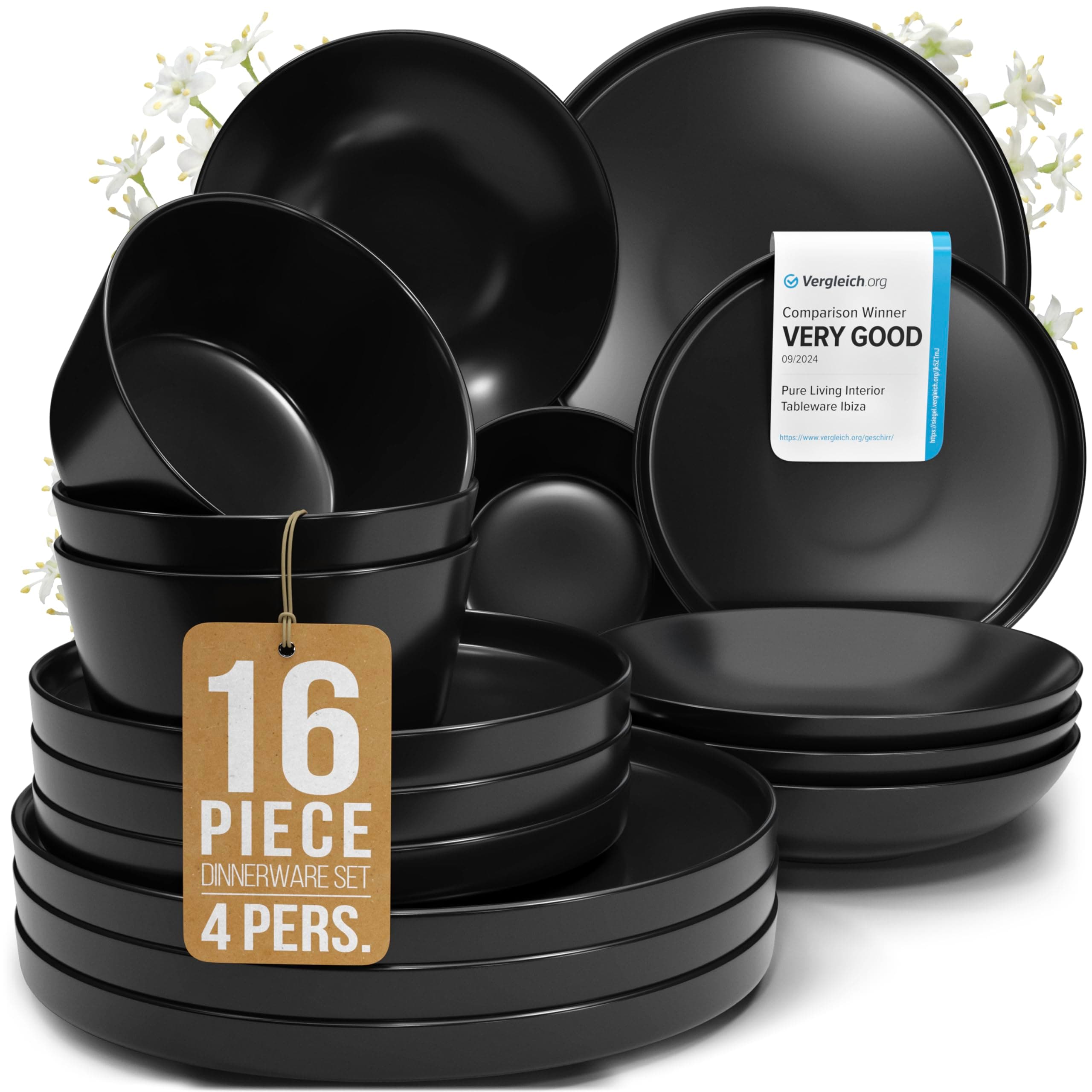 16 Piece Black Dinnerware Set for 4 | Matte Black Plates and Bowls Sets, Modern Stoneware Black Dishes Set | Scratch Resistant, Dishwasher & Microwave Safe | Matte Black Finish Ultra-Chic & Modern