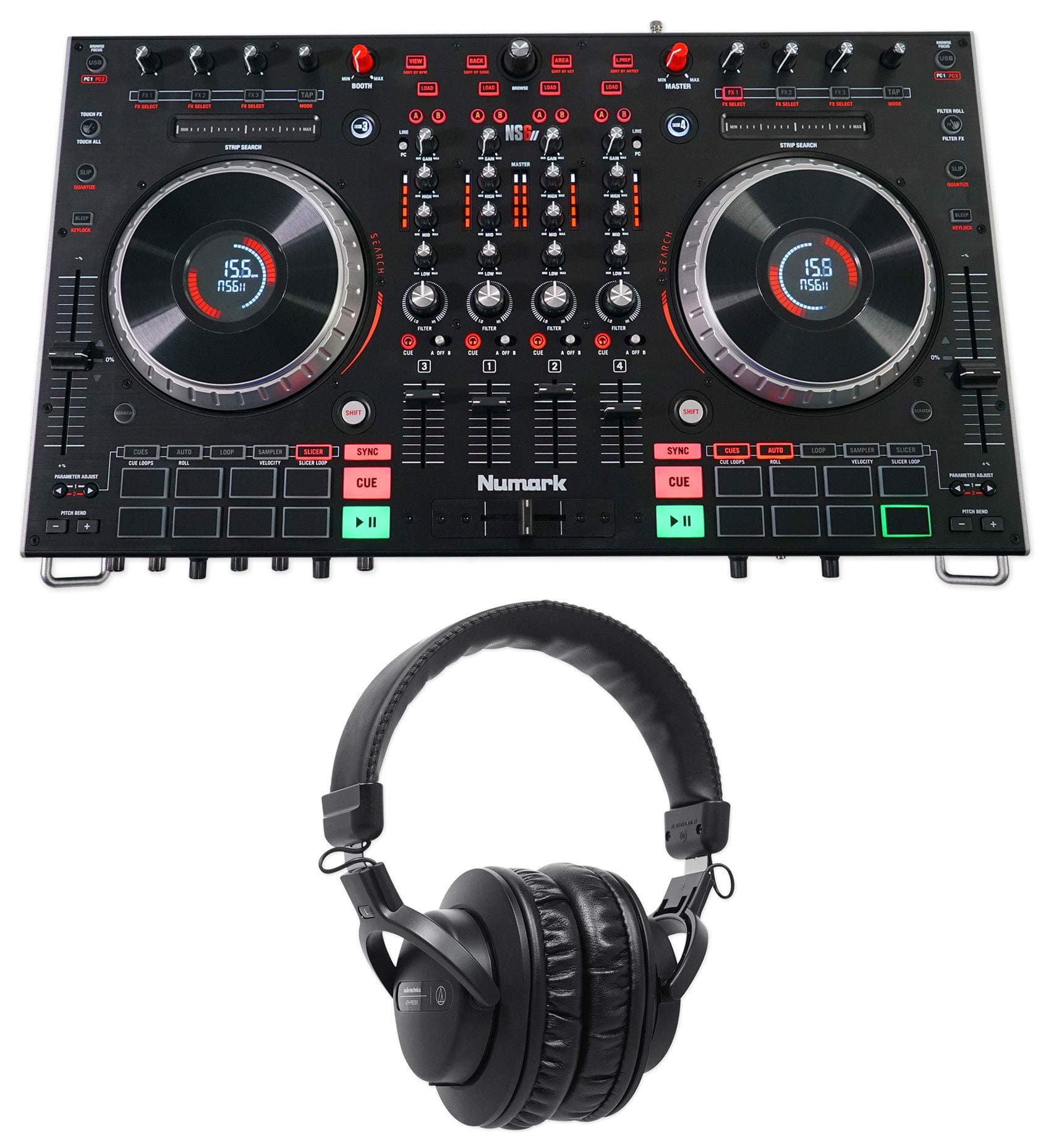 Numark NS6II 4-Ch Serato DJ Controller w/ 2" Display+Audio Technica Headphones