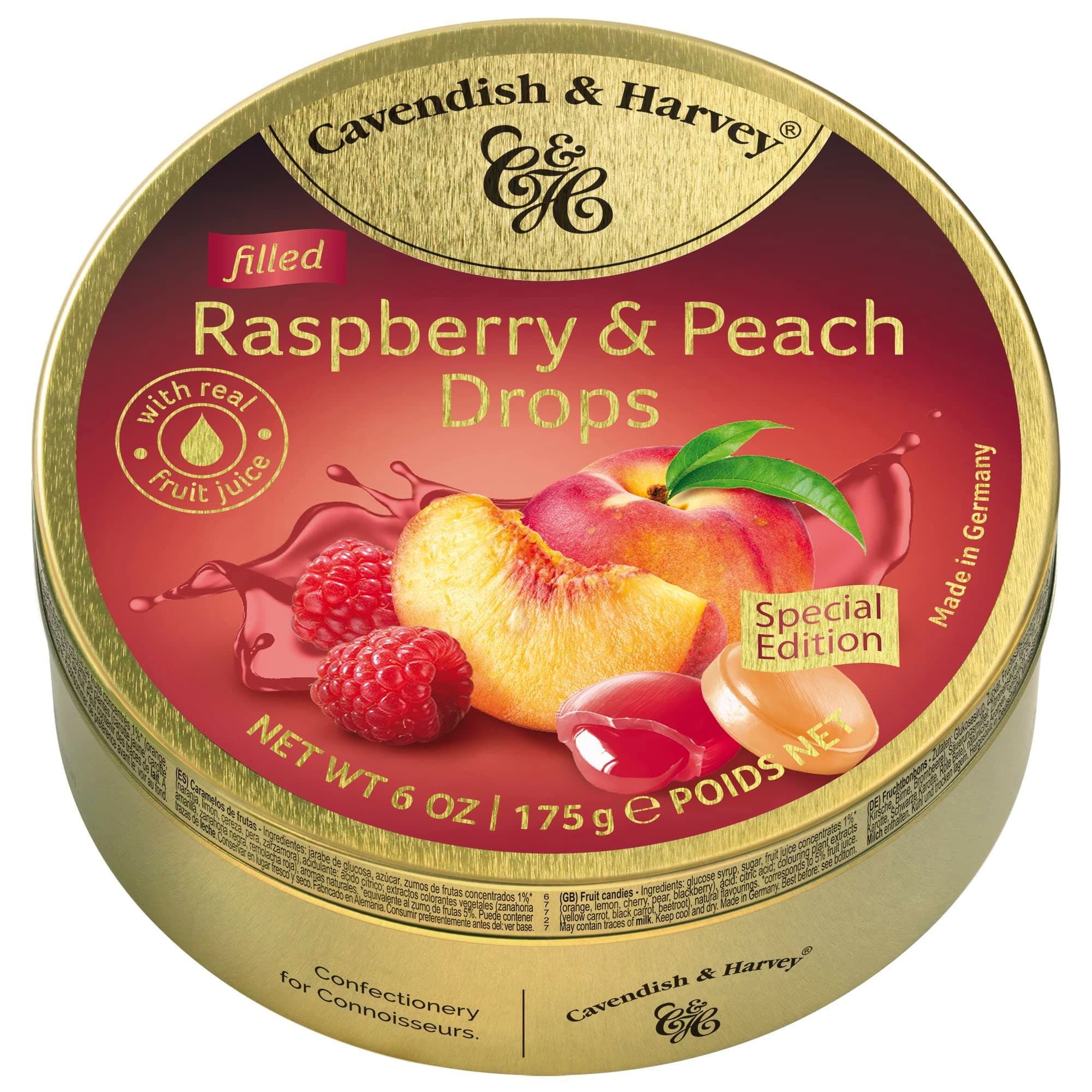 Cavendish & Harvey | Raspberry & Peach Filled Hard Candy Candy | 6 Ounce Can