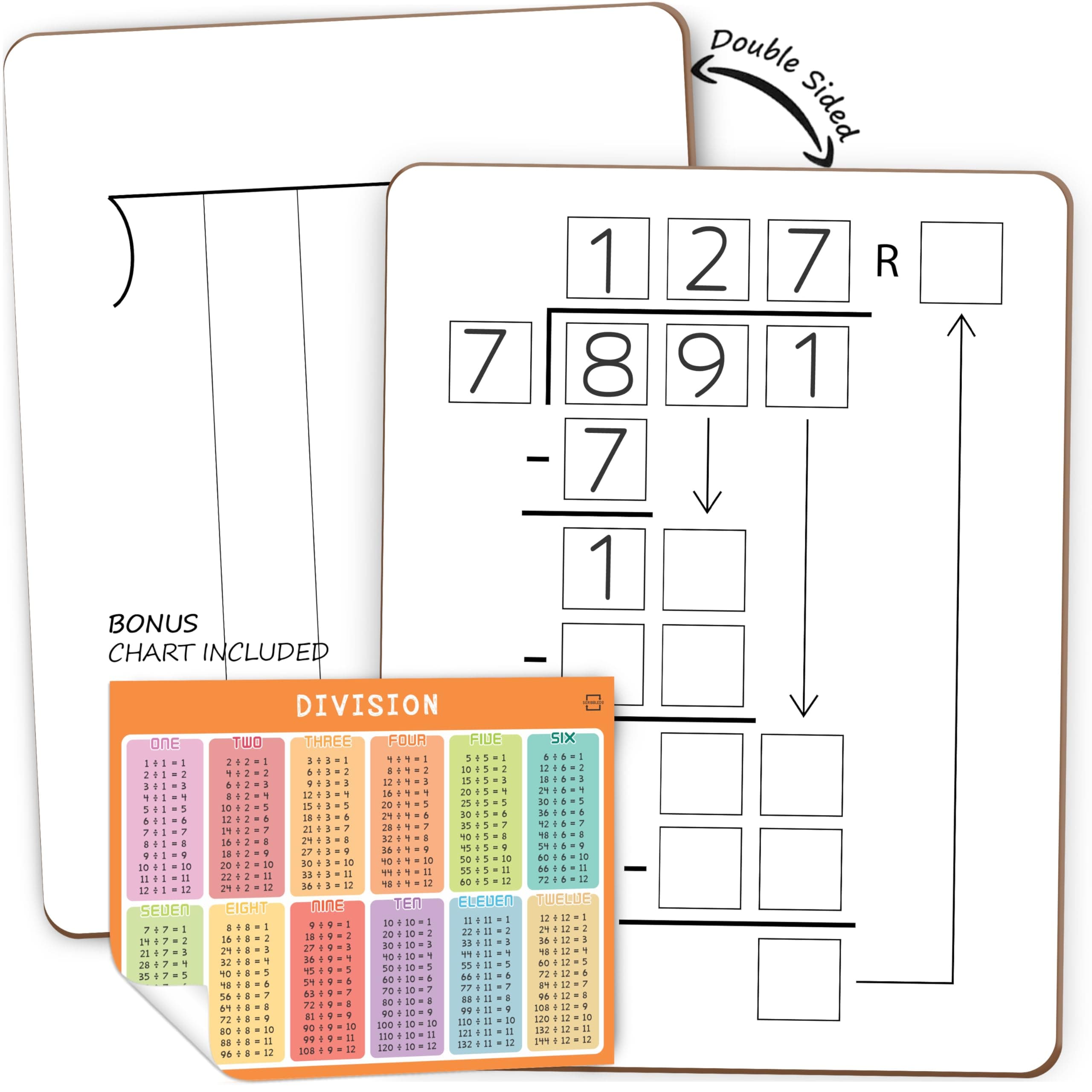 SCRIBBLEDO Dry Erase Division White Board 9x12Inch Small Division Chart Durable Portable Double Sided Math Manipulatives Practice Whiteboard for Kids Students Classroom and Home Long Division Lapboard