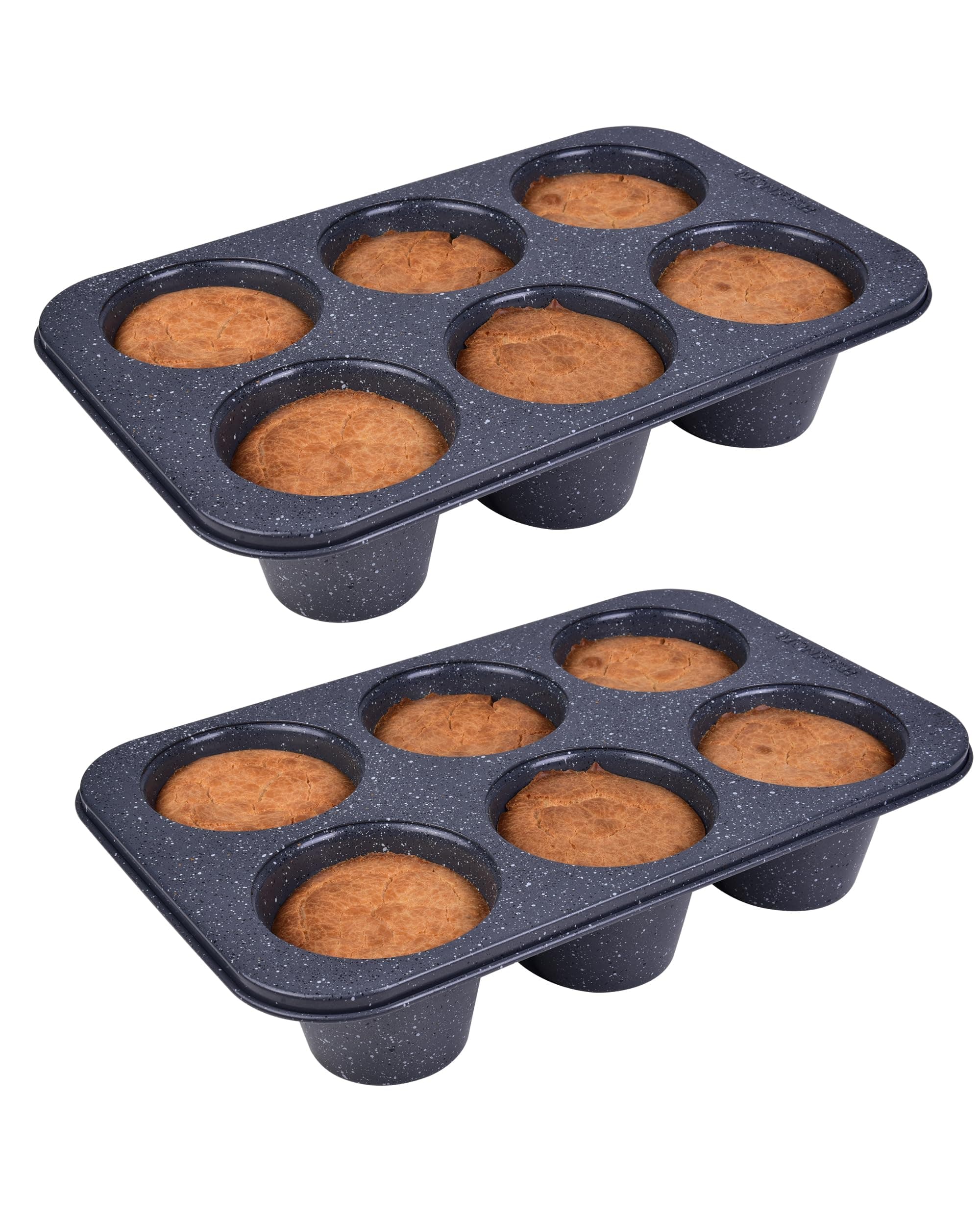 Monfish 2pcs Jumbo Deep Muffin Pan - 6-Cavity Baking Tray, 3.5x3 Inch Cups - Carbon Steel - Black Granite Stone Finish - Extra Large Cupcake Tins for Baking (2 deep muffin)