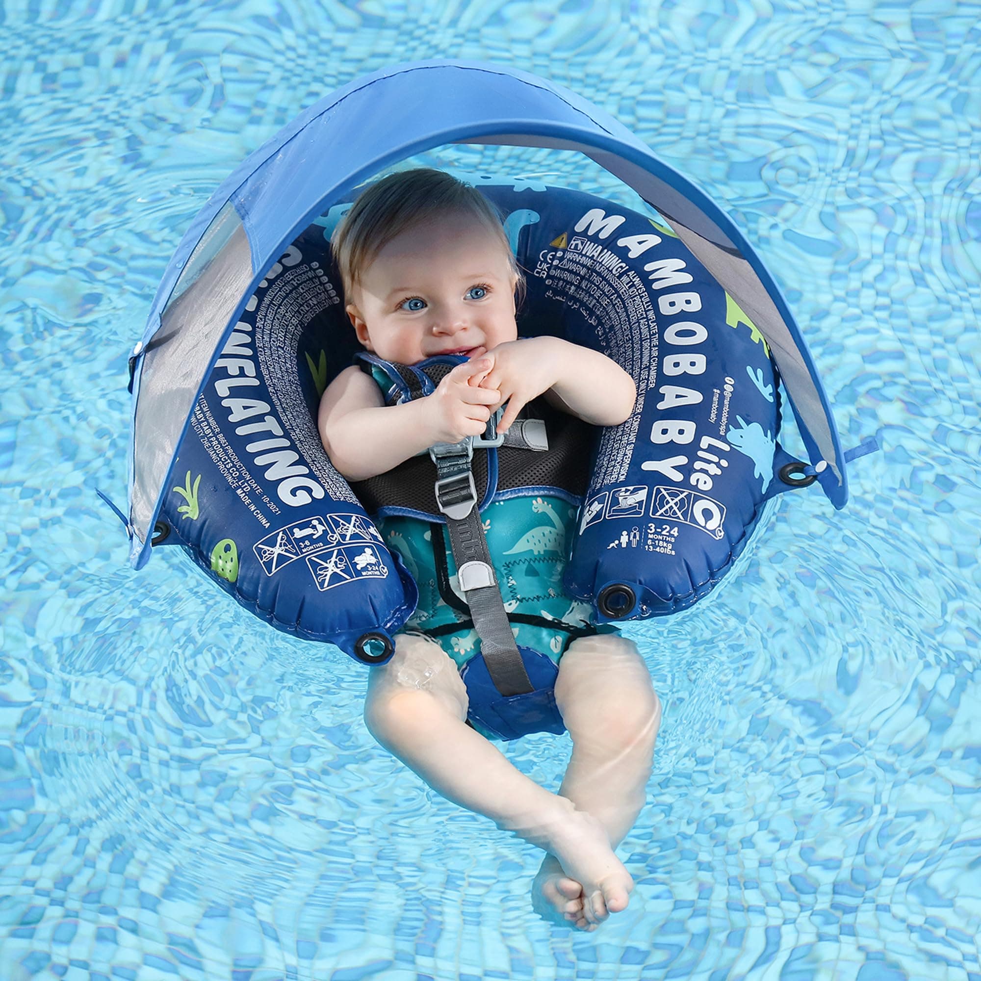 Mambobaby Baby Pool Floats with Canopy Pool Float Self-Inflating Compressible Folding Swimming Float Soft Skin-Friendly Fabric for Infant Toddler 3-24 Momths, Blue