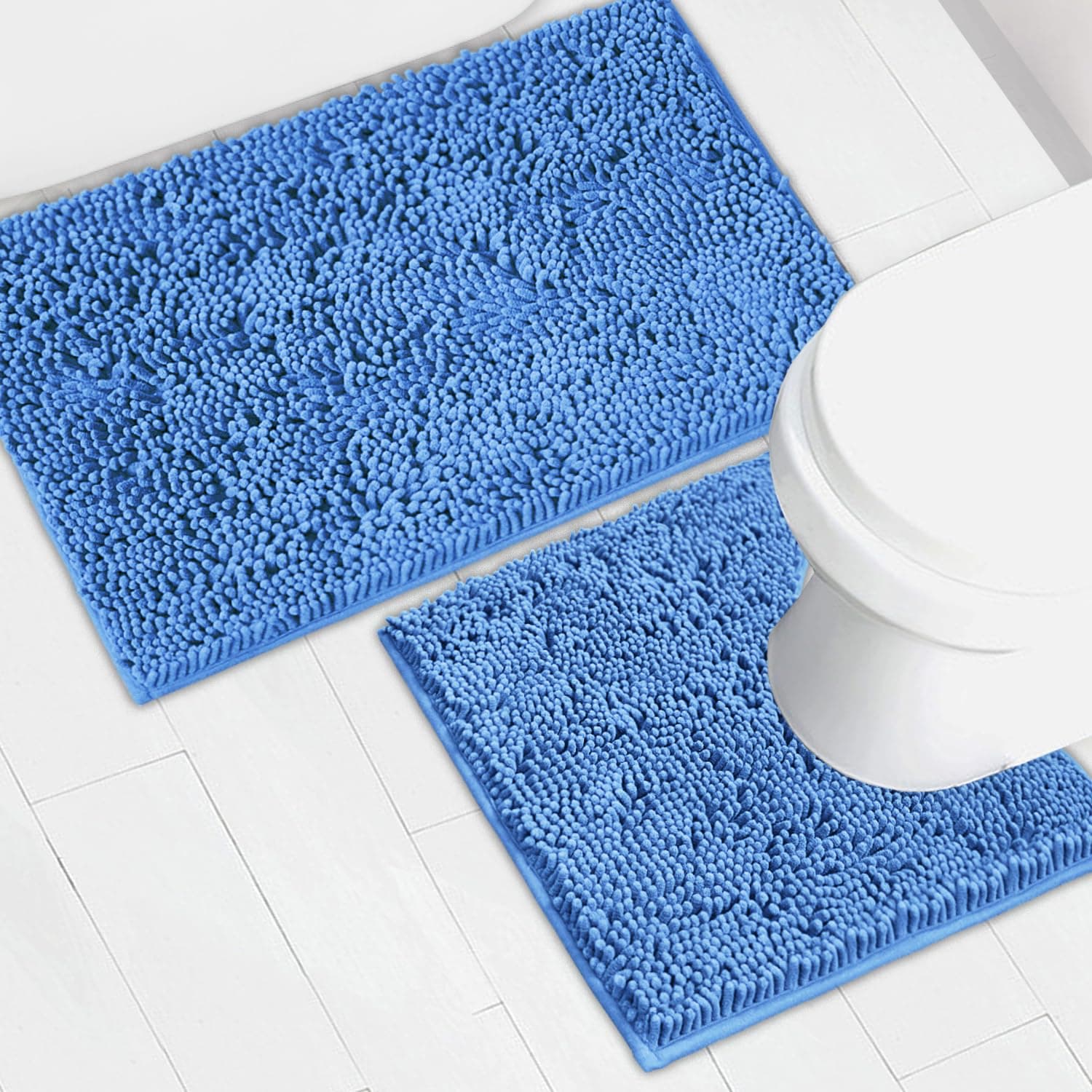 Bathroom Rugs Chenille Bath mat 2 Piece Set, Super Absorbent, Strong PVC Non Slip Backing, Bath mats for Bathroom, Plush Shaggy, Thick, Machine Washable, Bathtub, Toilet.(Snow Cyan)