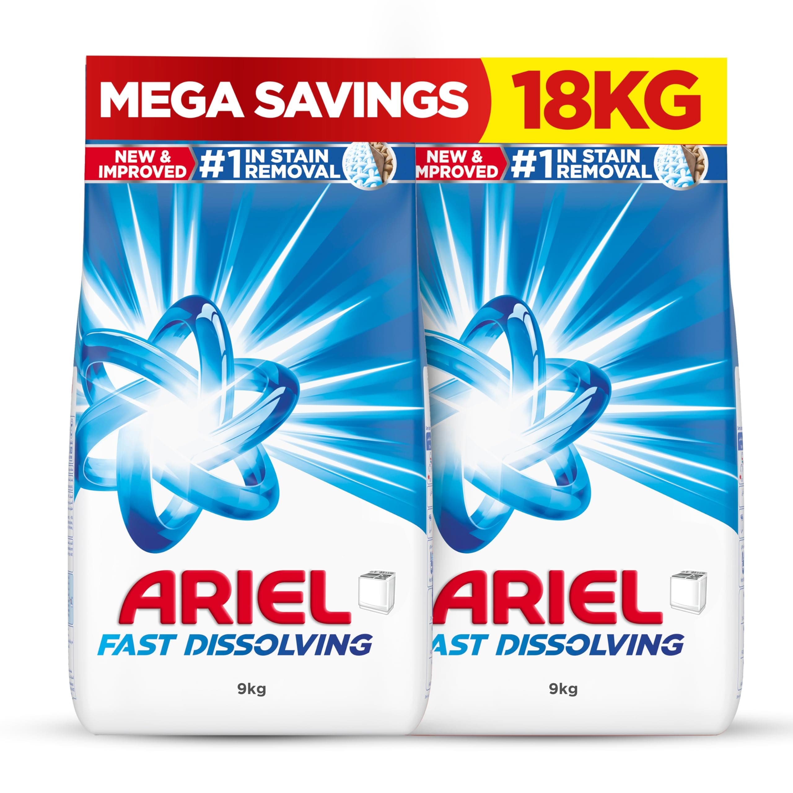 Ariel Fast Dissolving Laundry Detergent Powder, 9 KG x 2, Dual Pack, 18 kg
