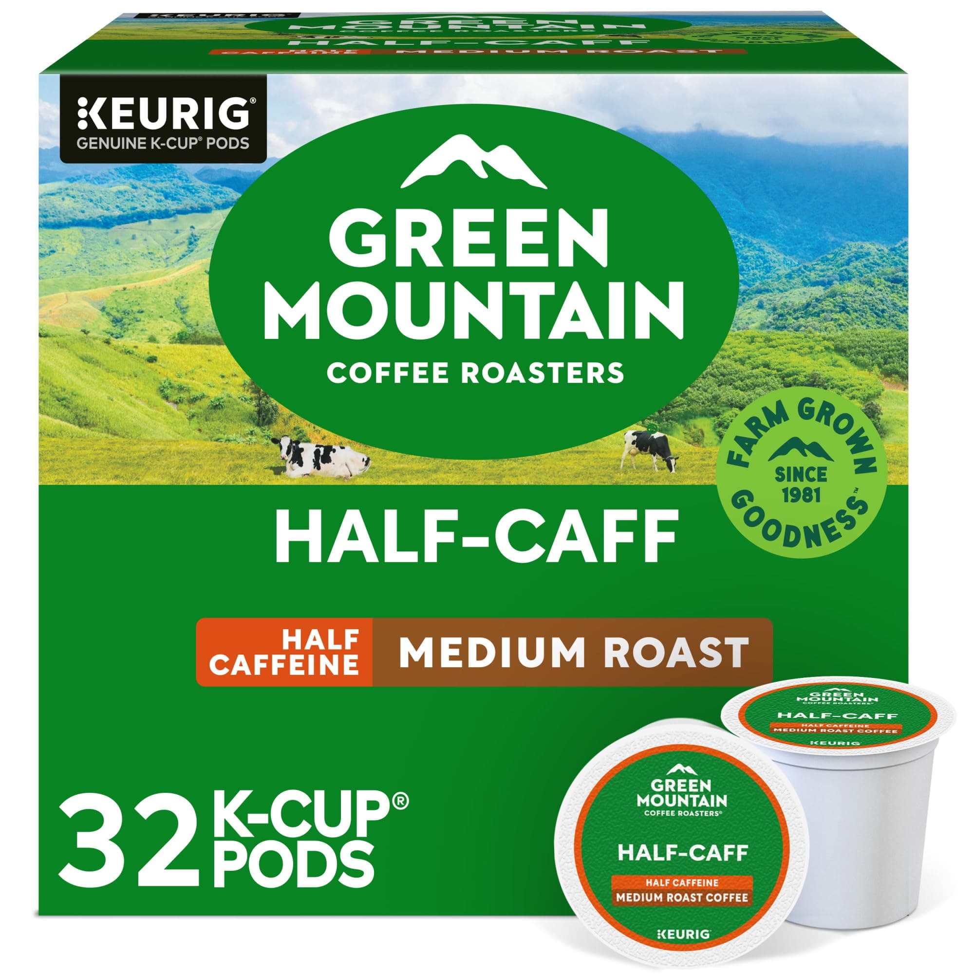 Green Mountain Coffee Roasters Half Caff, Single-Serve Keurig K-Cup Pods, Medium Roast Coffee Pods, 32 Count