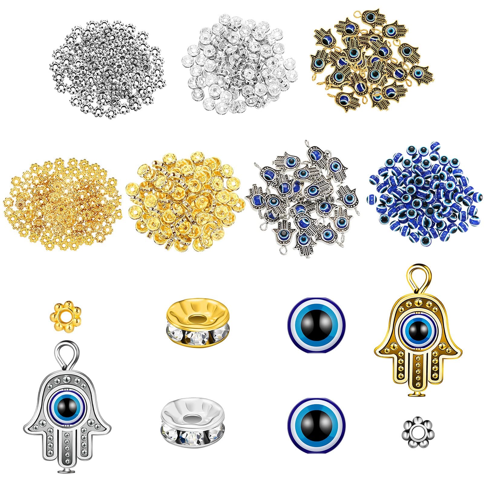 Hicarer 320 Pieces Evil Eye Charms Set Includes 100 Evil Eye Beads 20 Hand Evil Eye Charms 100 Czech Crystal Spacer Bead 100 Plum Shaped Charms Bead for DIY Jewelry Making (Mixed Colors), Resin