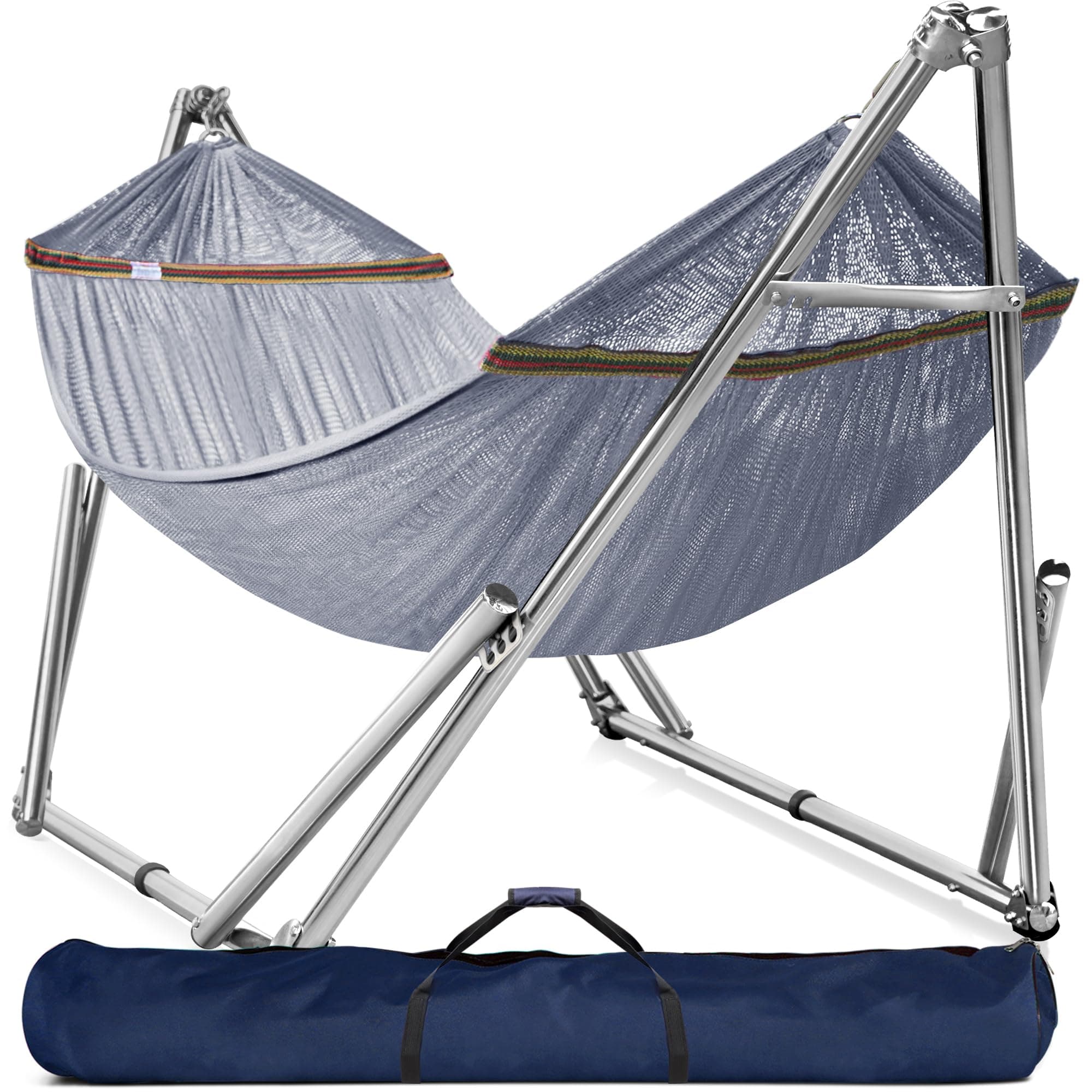 Tranquillo Double Hammock with Stand 650lb Capacity Double Hammock with Spreader Bar, Solid Grade 201 Stainless Steel 30s Set Up, Sturdy Flexible Hammock Stand Portable, Outdoor Indoor, Grey