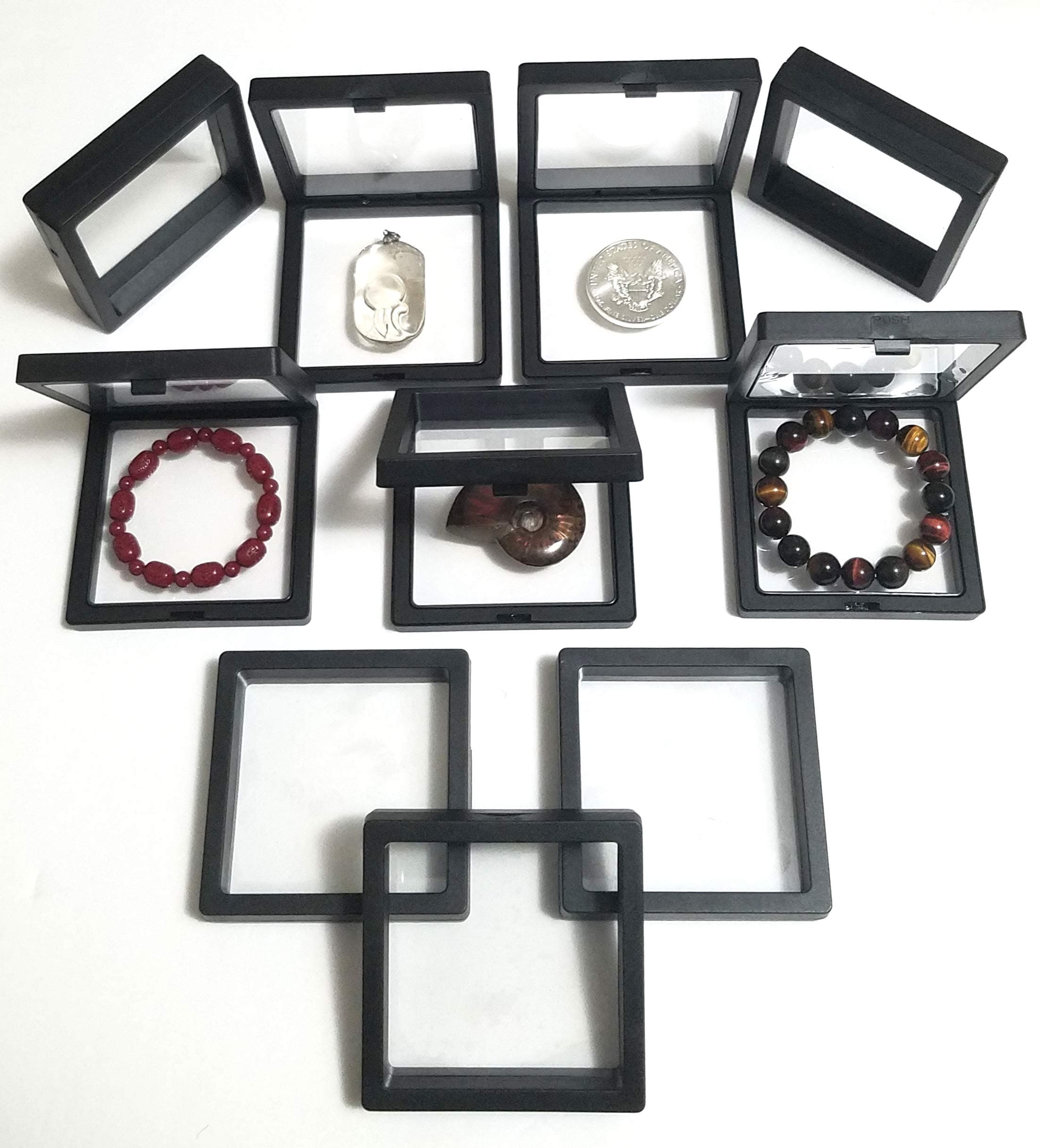 JM Future Black Transparent 3D Floating Frame Display Holder/Box/Frames for Challenge Coins, AA Medallions, Antique, Jewelry,Gift, 3.5 x 3.5 x 0.75 Inches (Set of 10 pcs)