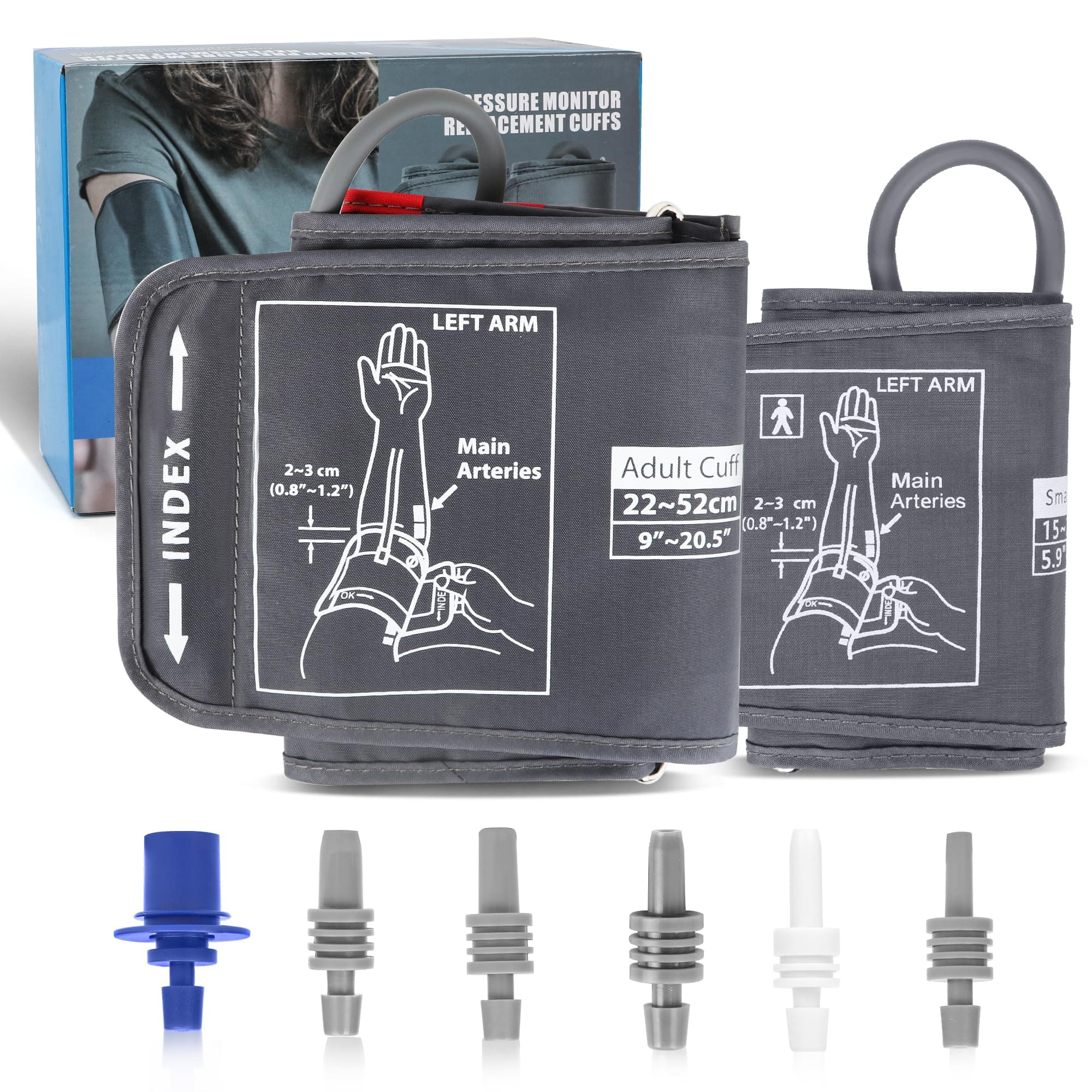 Full-Size Blood Pressure Replacement Cuffs - 5.9-9.5 & 9-21 Inches, Fit Small Medium Large XL XLarge Extra Large Big Arms, 6 Sizes of Connectors Compatible with Omron or Other Brands (Cuffs Only)