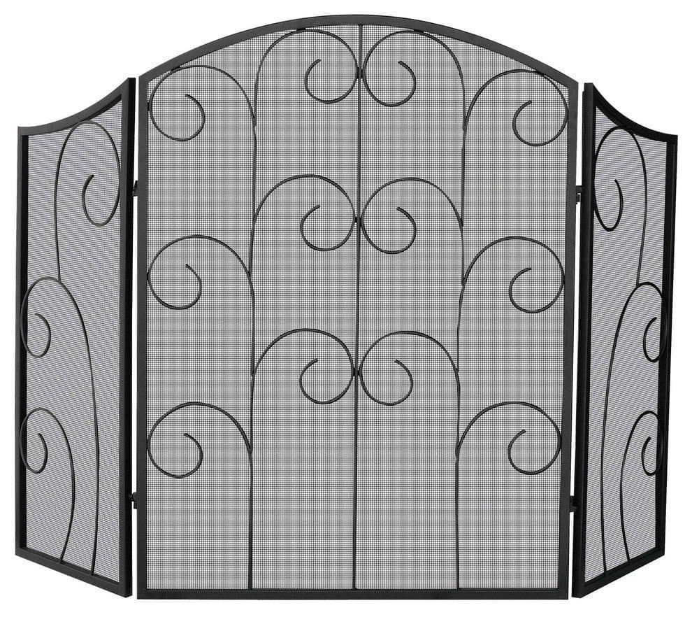S-1015, 3 Panel Black Wrought Iron Fireplace Screen with Decorative Scroll