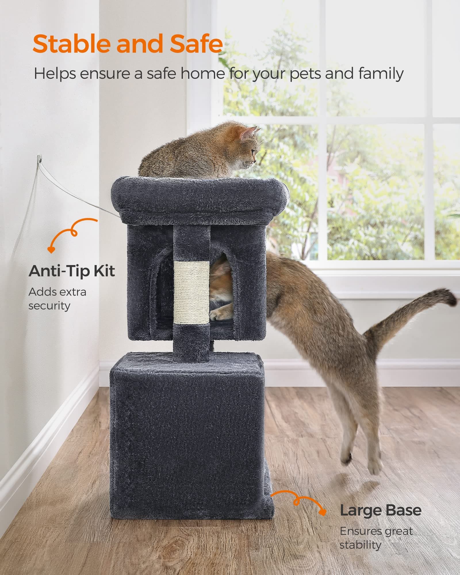 Feandrea Cat Tree, 26.4-Inch Cat Tower, S, Cat Condo for Kittens up to 7 lb, Large Cat Perch, 2 Cat Caves, Scratching Post, Smoky Gray UPCT611G01
