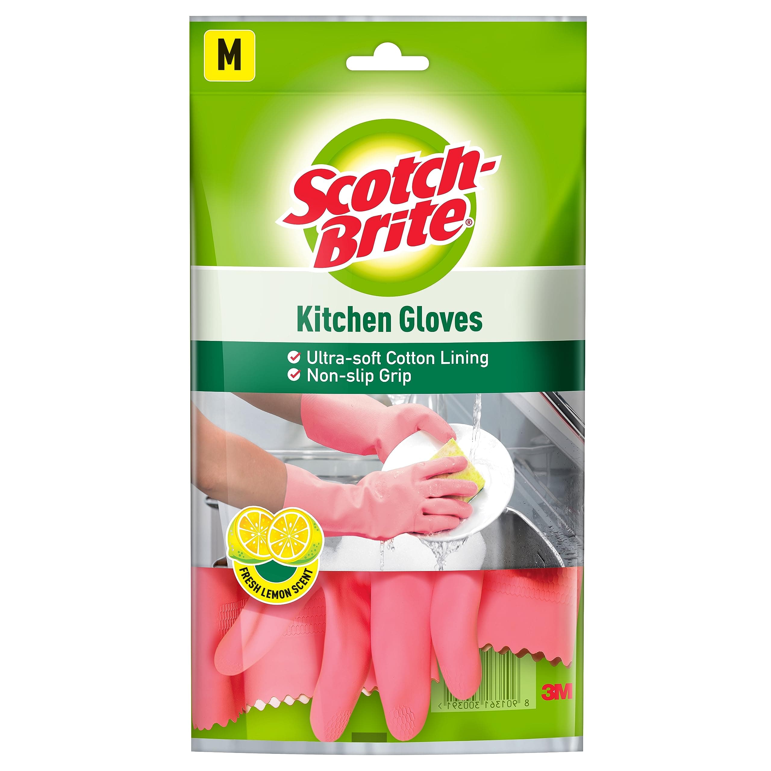 Scotch-Brite Lemon Scented Kitchen Gloves, extra long cuffs for mess-free hands , better grip, inner lining for Sweat absorption (Medium, 1 pair)