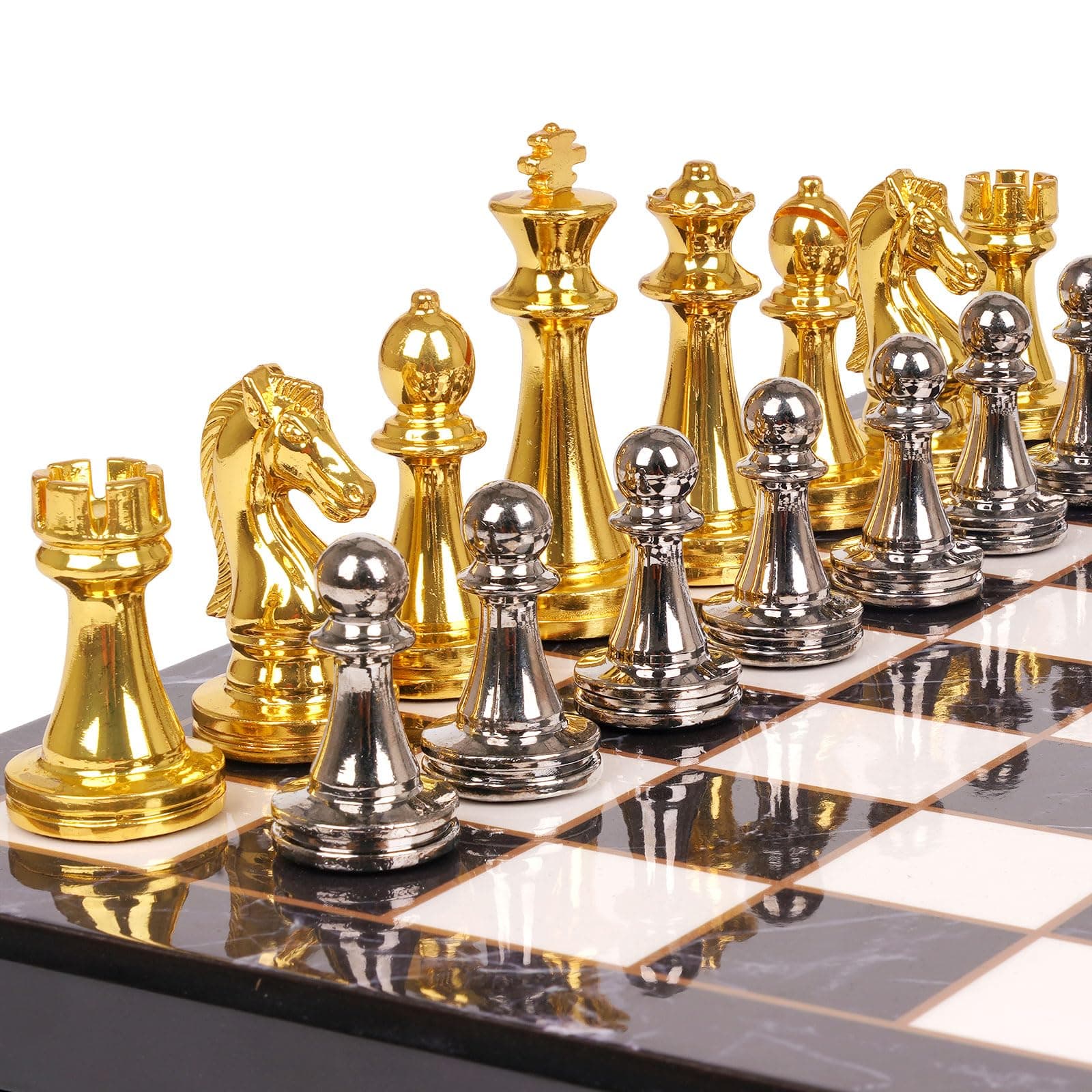 Metal Chess Set for Adults and – Marbling Chess Board with Chess Pieces – Travel Chess Sets with Extra Queens with zinc Alloy Metal Pieces – Ideal for Beginners and Professional Players