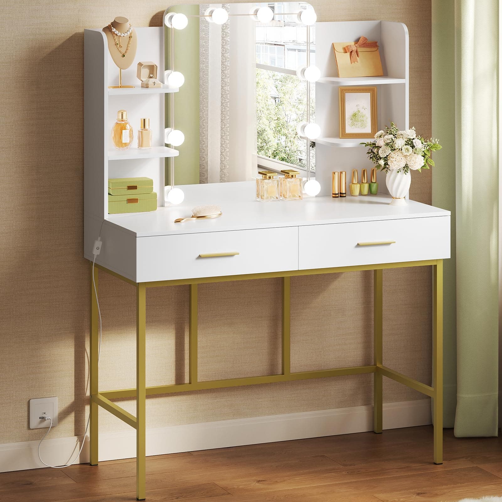WOLTU Dressing Table with LED Lights, Mirrored Vanity Table with Shelves and 2 Drawers, Modern Makeup Desk in MDF and Metal, Bedroom Furniture, 90x45x136cm, White+Golden, MB6077ws