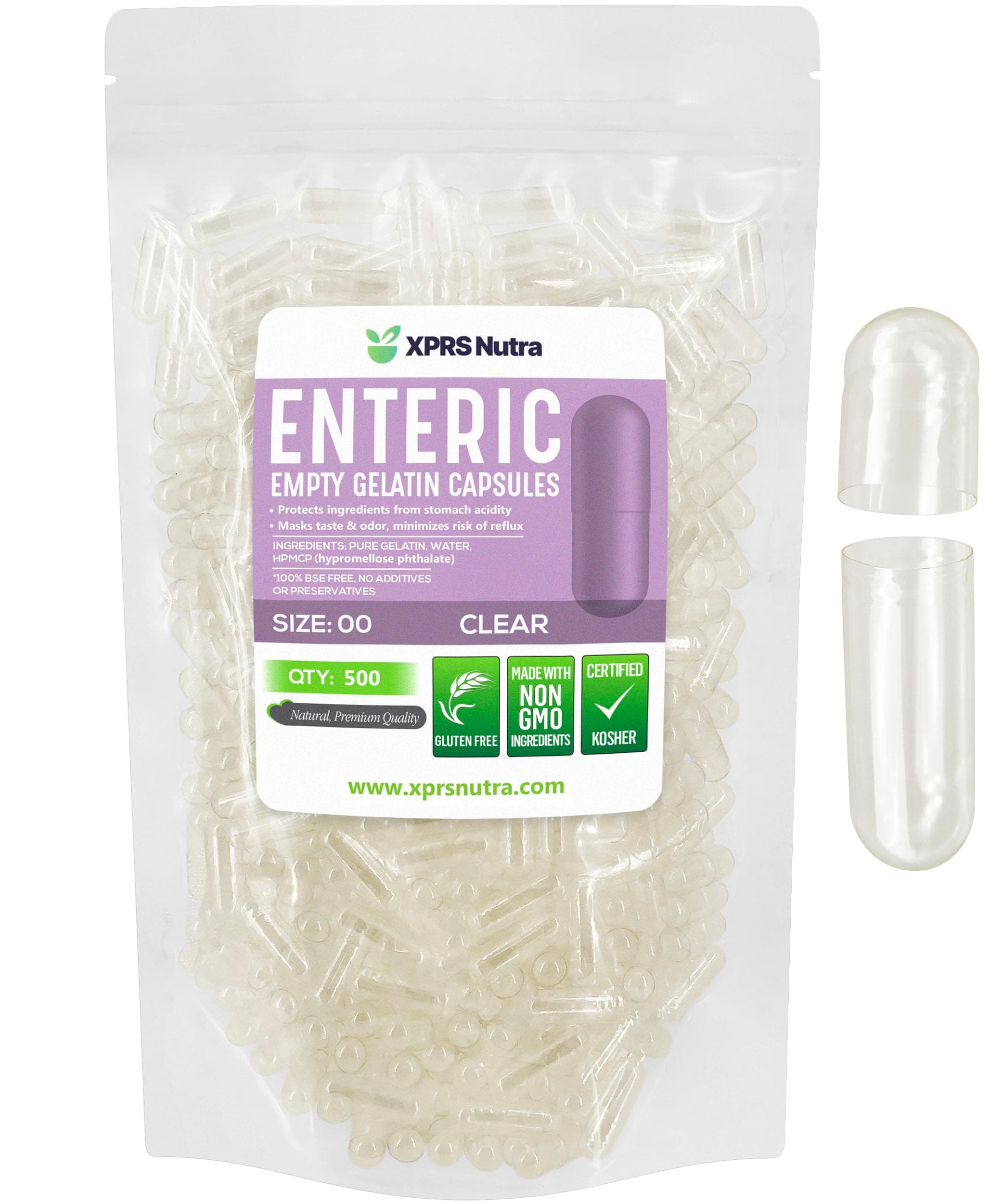 Size 00 Empty Capsules - 500 Count Clear Enteric Coated Empty Gelatin Capsules - Delayed Release Pills - DIY Capsule Filling - Pure Bovine Empty Enteric Gel Caps