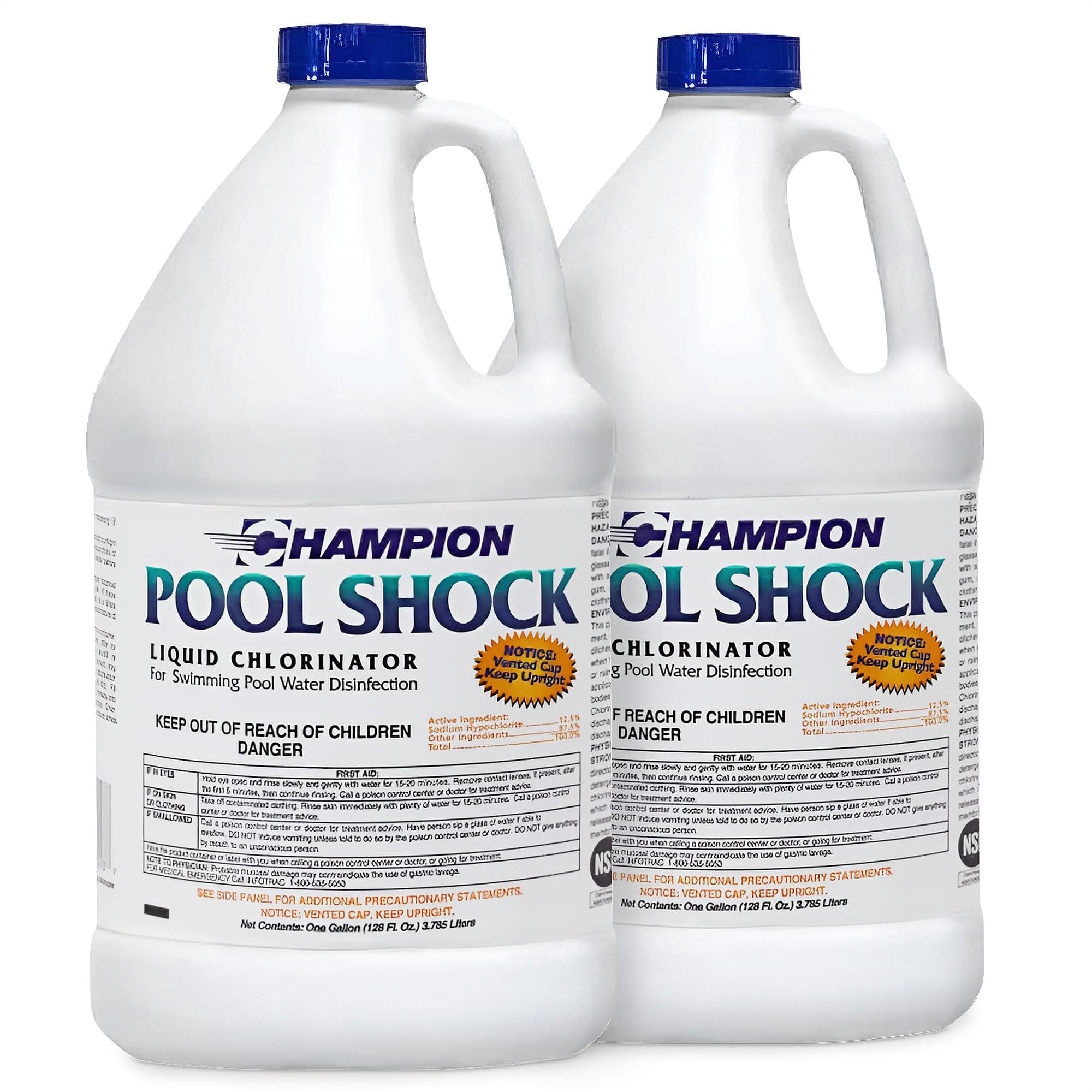 Champion 2-Pack Pool Shock, 12.5 Liquid Chlorinator for Swimming Pools, 1 Gallon Each - Fast-Acting Sodium Hypochlorite Sanitizer, Ready to Use, Non-Staining, Non-Scaling, Commercial Grade