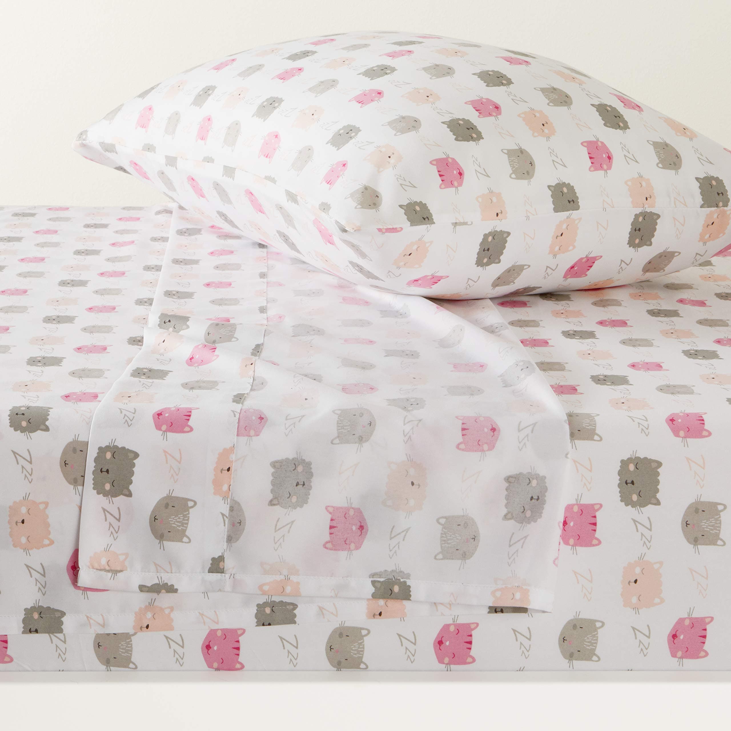 Kid's Soft, Breathable, Easy-Wash Microfiber 3-Piece Sheet Set with Pillowcase, Twin, Peony Pink Kitties, Animal Print