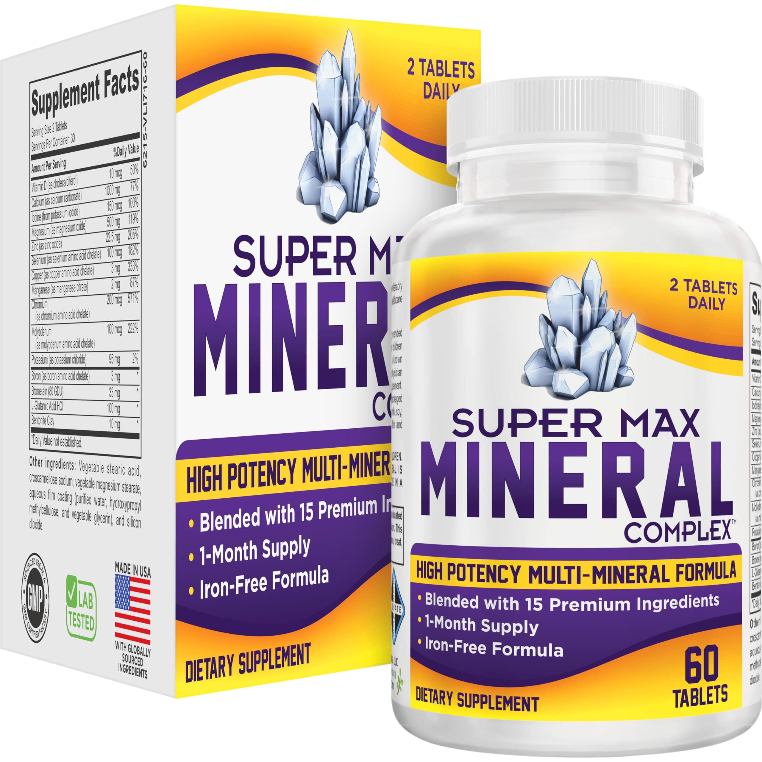 SuperMAX Multi Minerals (All-in-1) Complex Iron Free with 72 Trace Minerals/Multiminerals/Mineral s/Natural Multimineral Formula - 60 Tablets