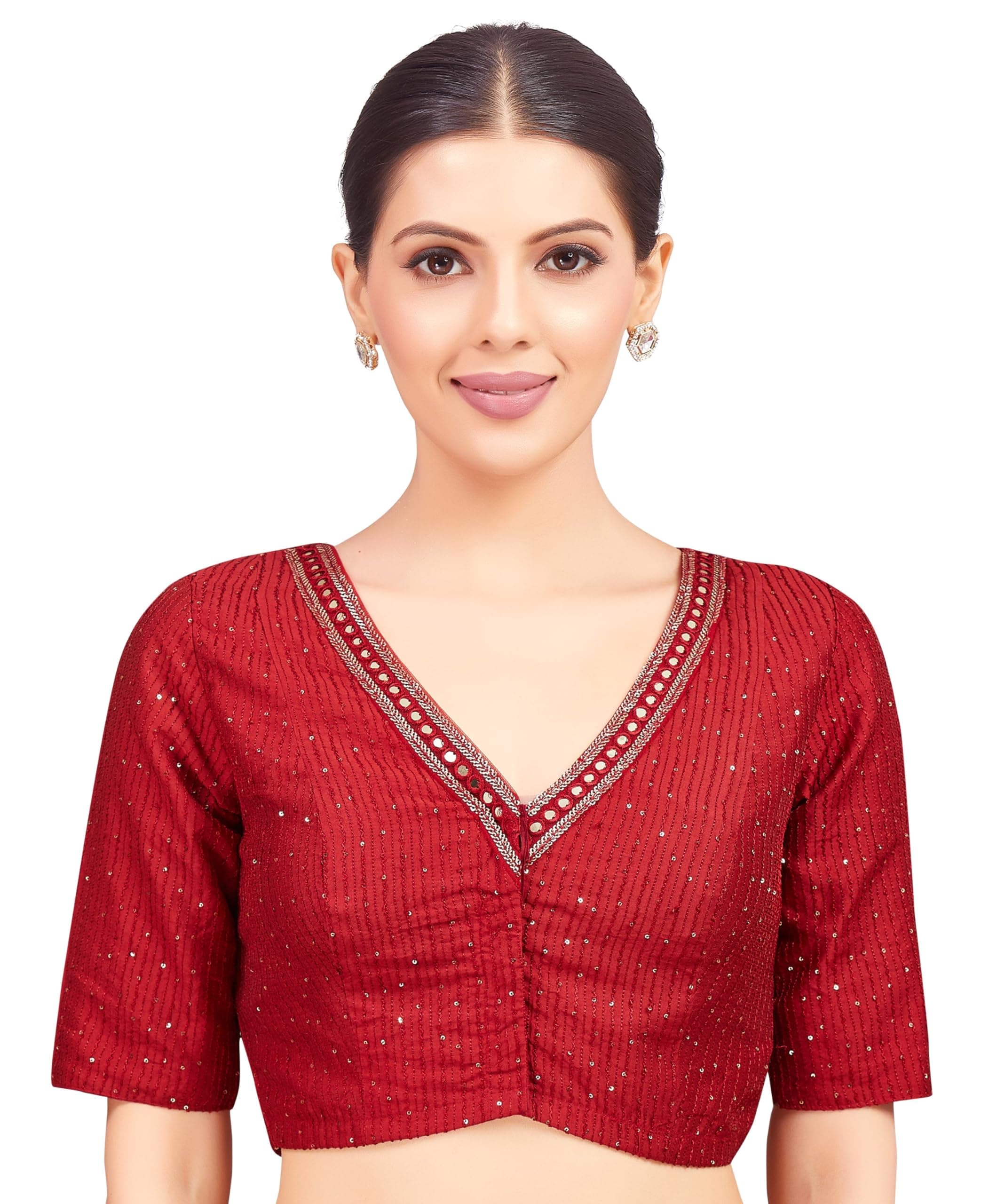 Studio Shringaar Ladies Long Sleeve Polyester Ready Made Sari Blouse with Mirror