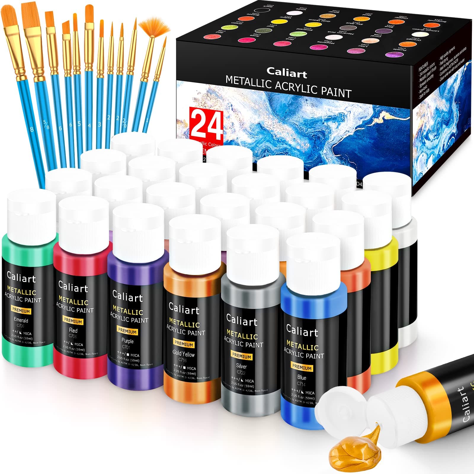 Acrylic Paint Set With 12 Brushes, 24 Colors (59ml, 2oz) Art Craft Paints for Adults Artists Beginners Painters, Canvas Halloween Pumpkin Ceramic Wood Rock Painting Art Supplies (Metallic)