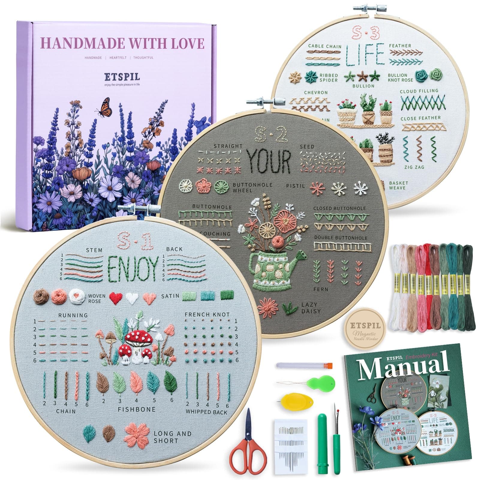 ETSPIL 3 Sets Embroidery kit for Beginners Adults，Learn 33 Different Stitches DIY Kits ，Includes Stamped Flower Pattern, Hoop, Color Threads,Tools,Easy to Follow Instruction & Video… (Simple B)