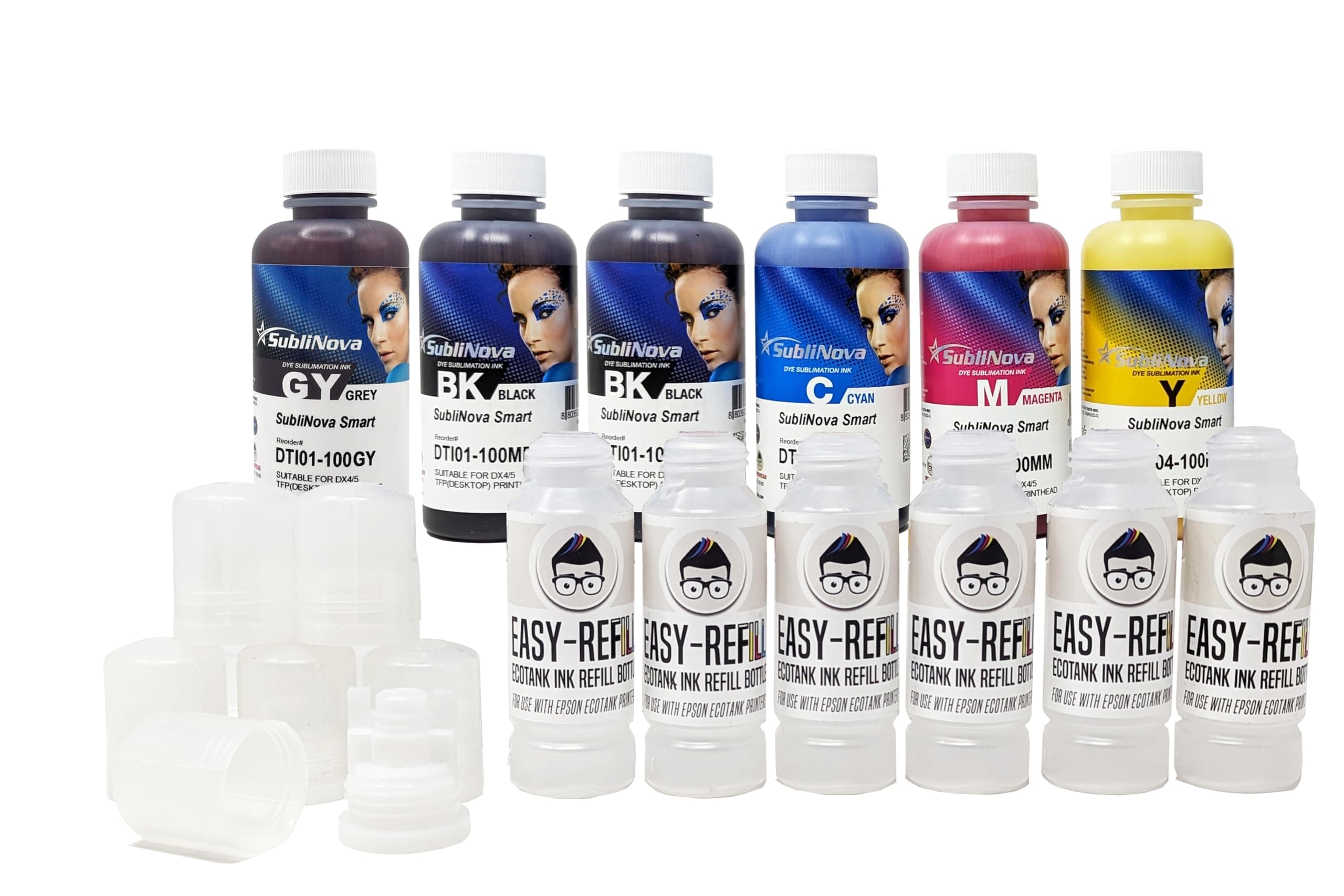 Easy Refill Inktec Sublinova Dye Sublimation Ink Set Compatible with Epson Ecotank ET-8550 (Easy Refill Set (C,M,Y,BK,GY,BK), 100ml)