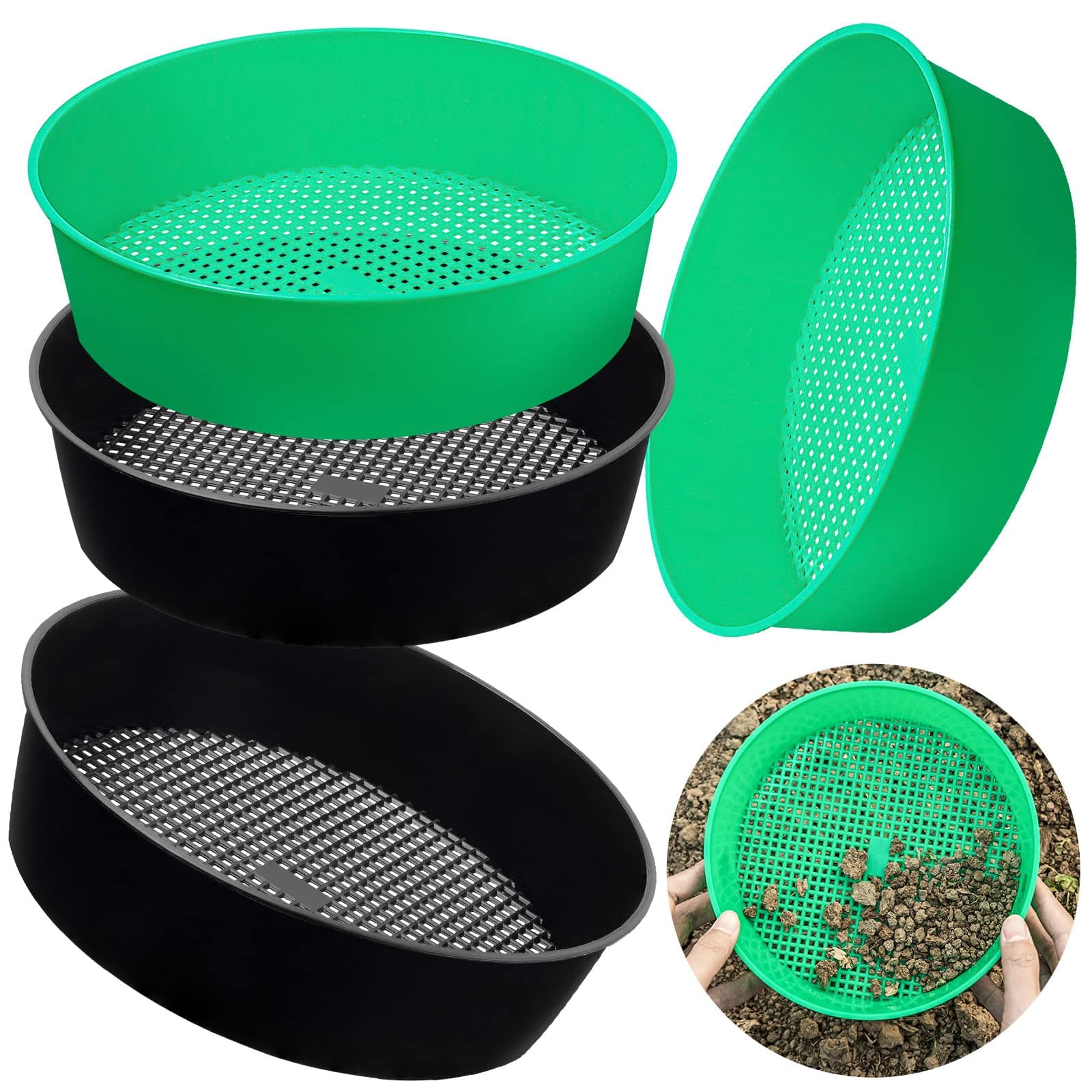 4 Pack Garden Soil Compost Sifter Round Plastic Sand Sieve, Sifting Pan Set for Gardening Home Plant Work with Small Rocks Gravel Sand
