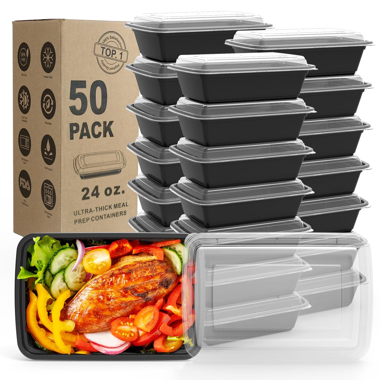 [50 Pack, 24 oz] Meal Prep Containers with Lids