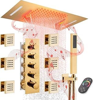 MONDAWE 23-Inch 64-Color LED Music Thermostatic Shower Jet System Set, Ceiling Mount Waterfall Rainfall Luxury Rain Shower Head System with Handheld, Gold